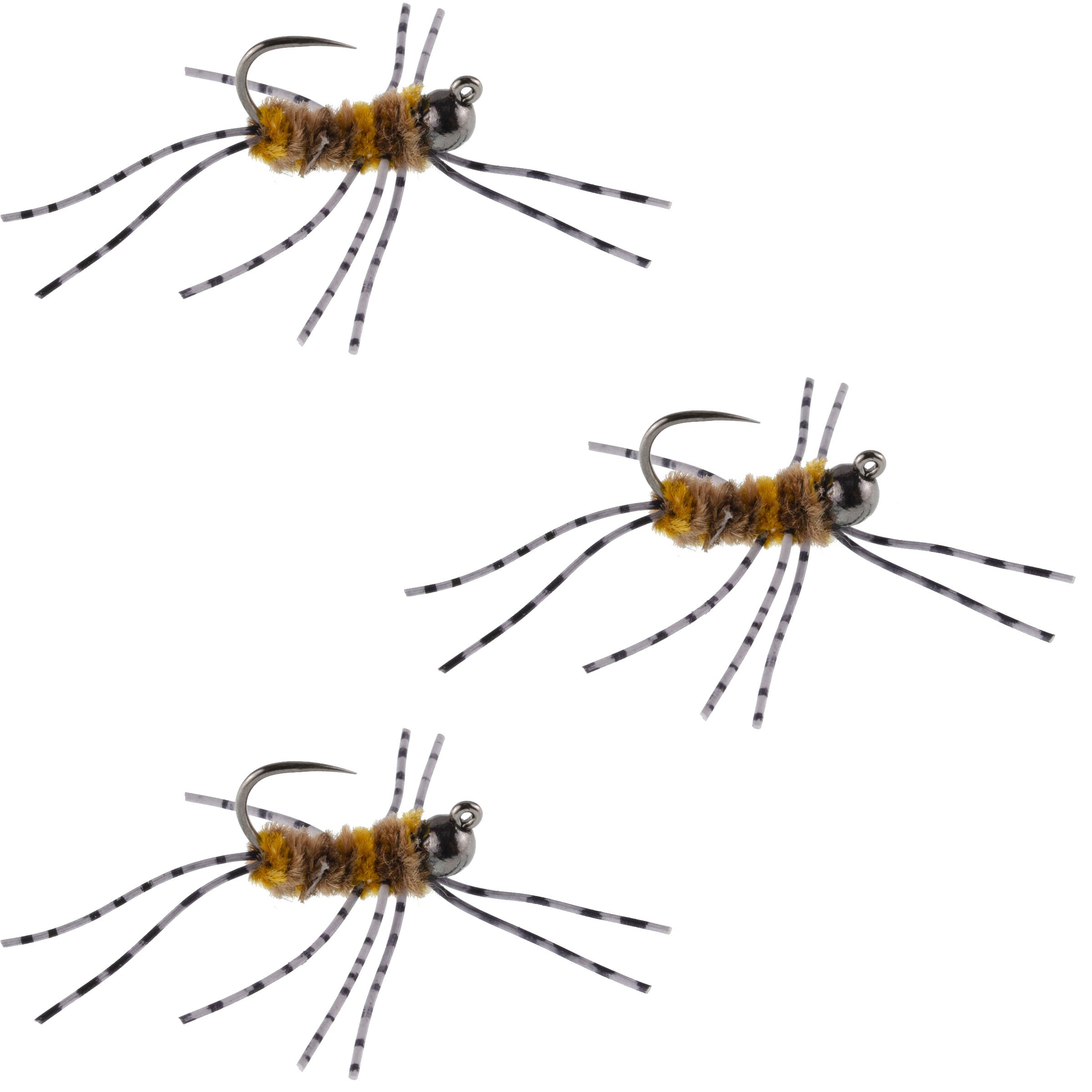 3 Pack Barbless Pat's Barred Rubber Legs Tungsten Bead Jigged Coffee/Tan Euro Nymph - Hook Size 6