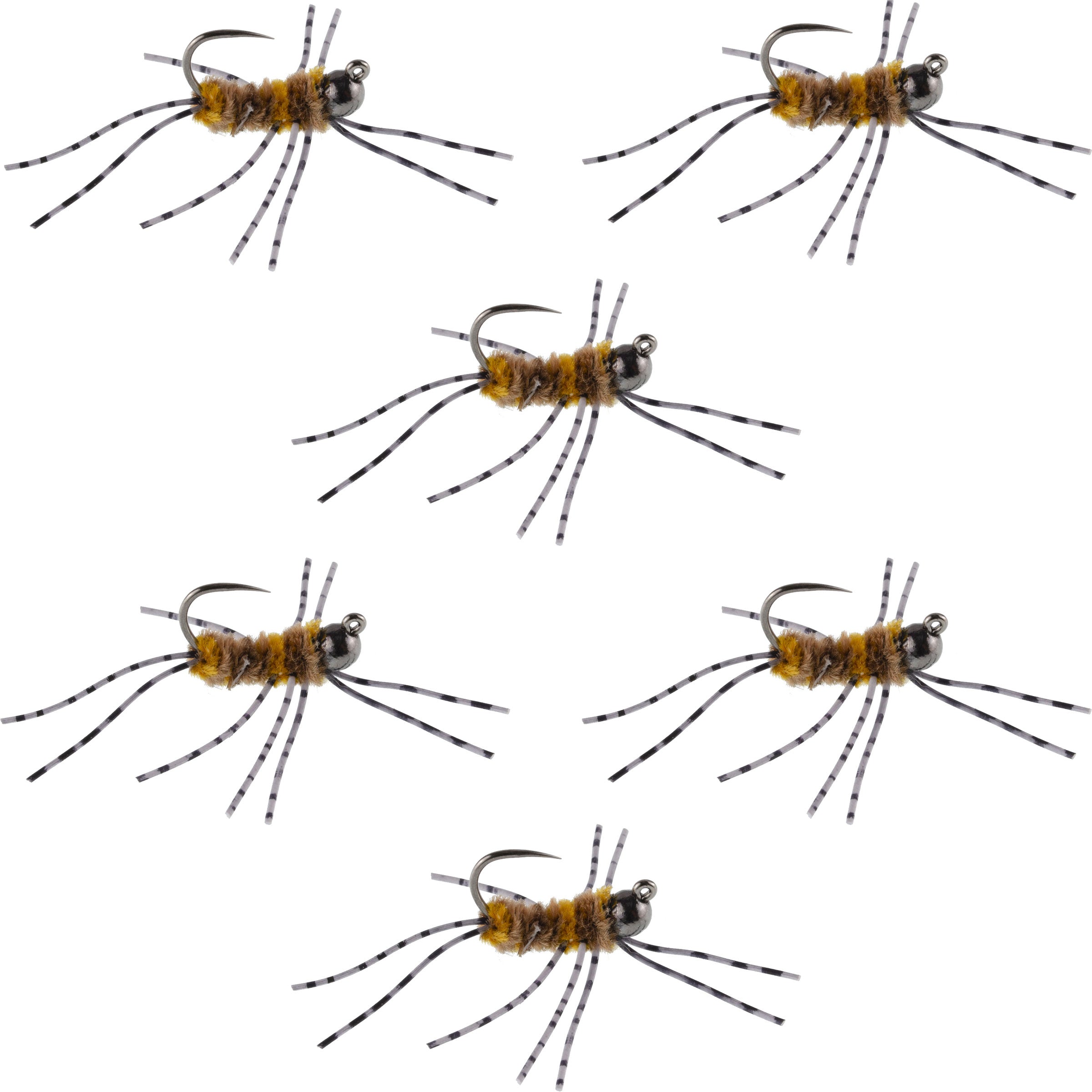 Barbless Pat's Barred Rubber Legs Tungsten Bead Jigged Coffee/Tan Euro Nymph - Set of 6 Flies Hook Size 6