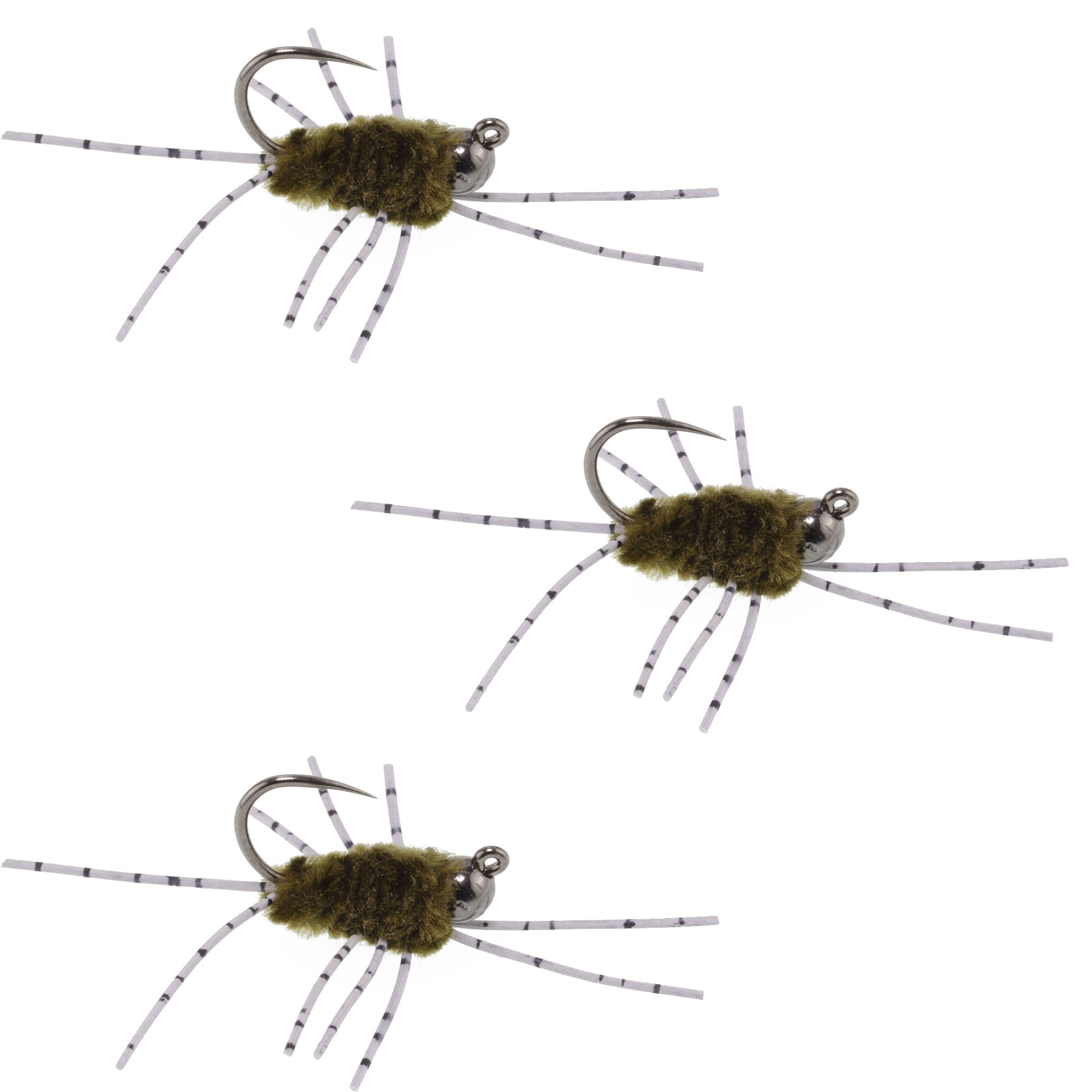 3 Pack Barbless Pat's Barred Rubber Legs Tungsten Bead Jigged Dark Olive Euro Nymph - Hook Size 6