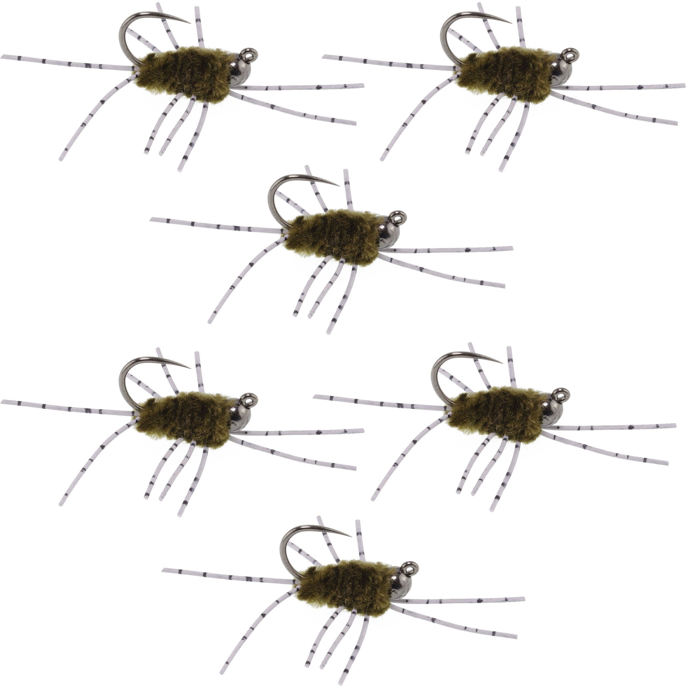 Barbless Pat's Barred Rubber Legs Tungsten Bead Jigged Dark Olive Euro Nymph - Set of 6 Flies Hook Size 6
