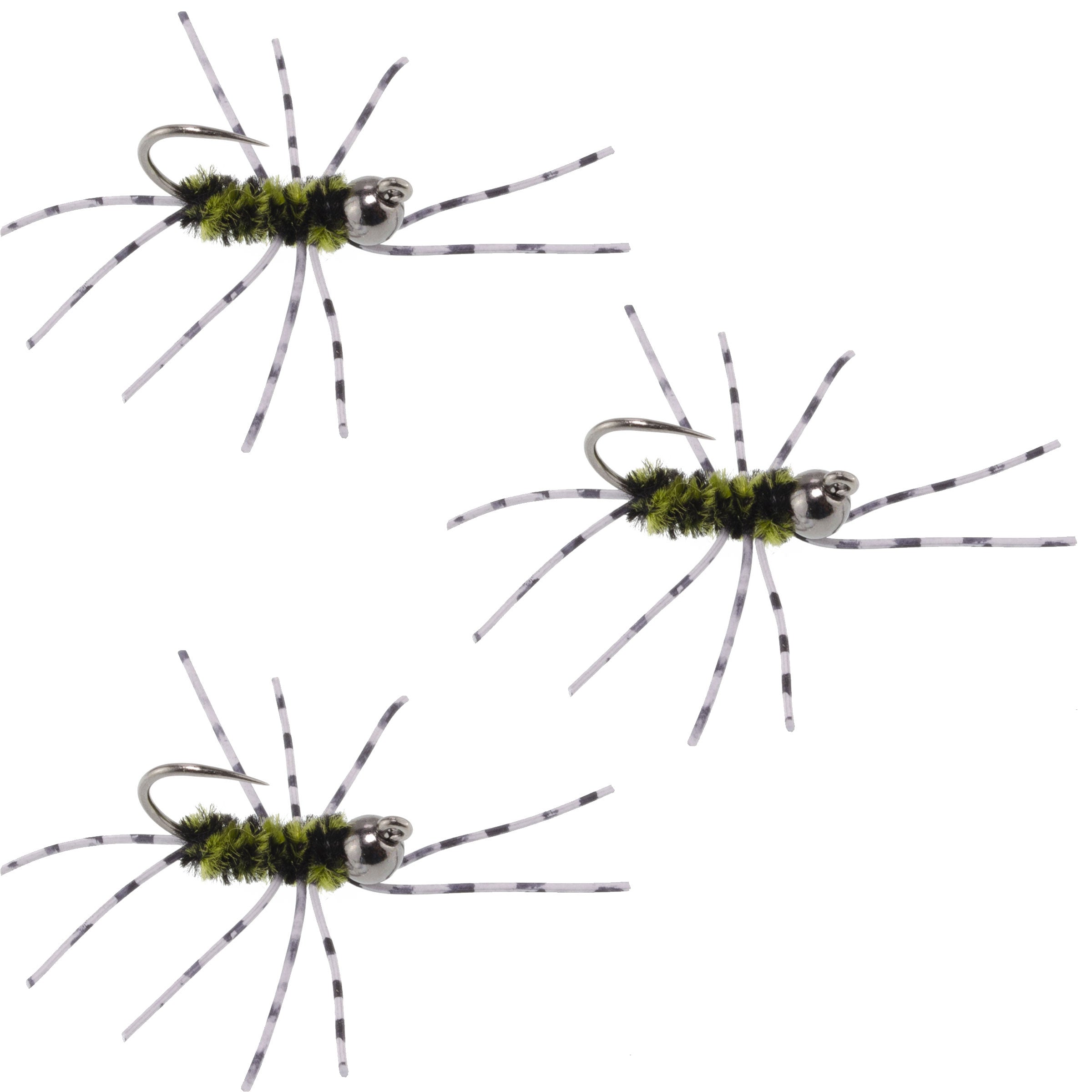 3 Pack Barbless Pat's Barred Rubber Legs Tungsten Bead Jigged Black/Olive Euro Nymph - Hook Size 6