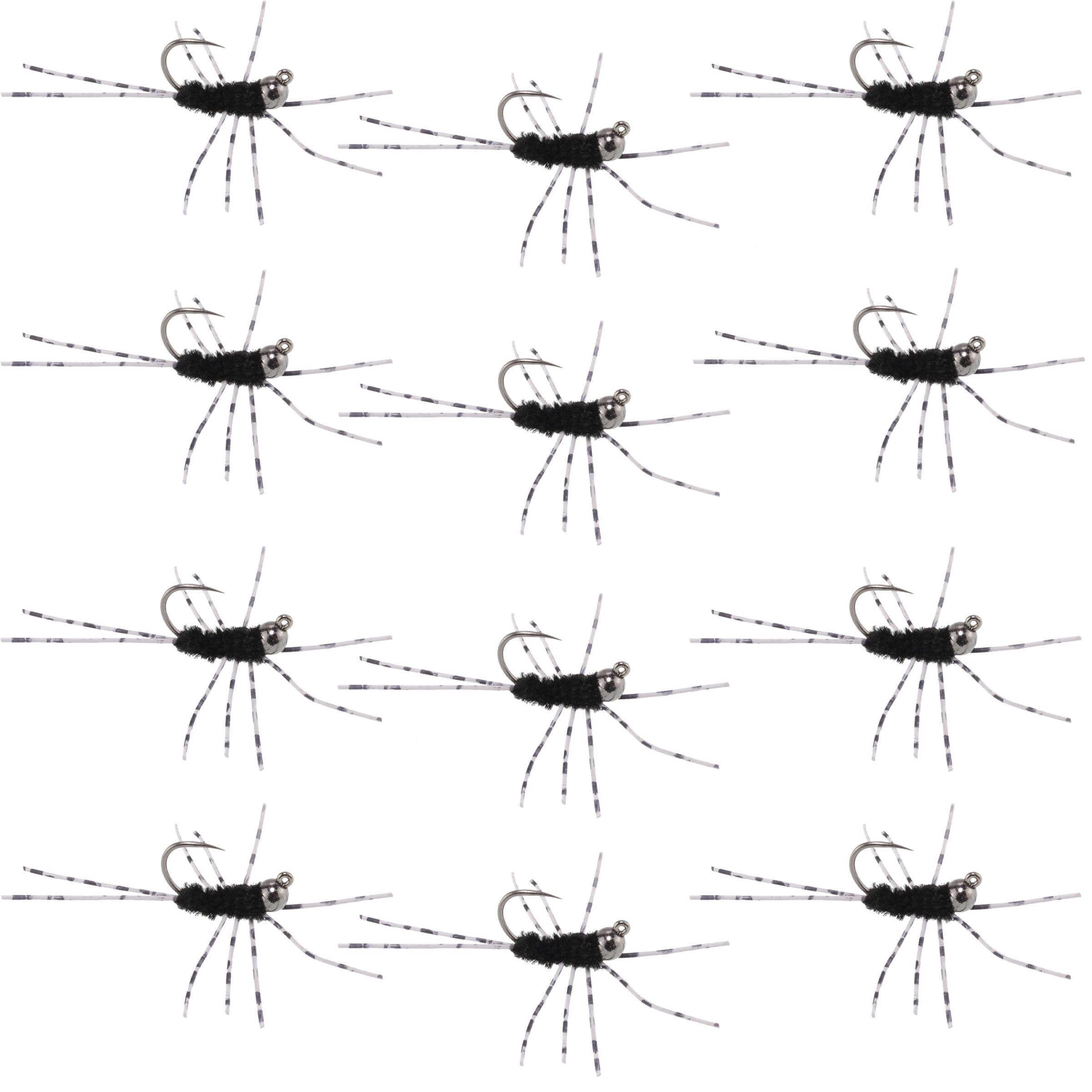Barbless Pat's Barred Rubber Legs Tungsten Bead Jigged Black Euro Nymph - Set of 12 Flies Hook Size 6
