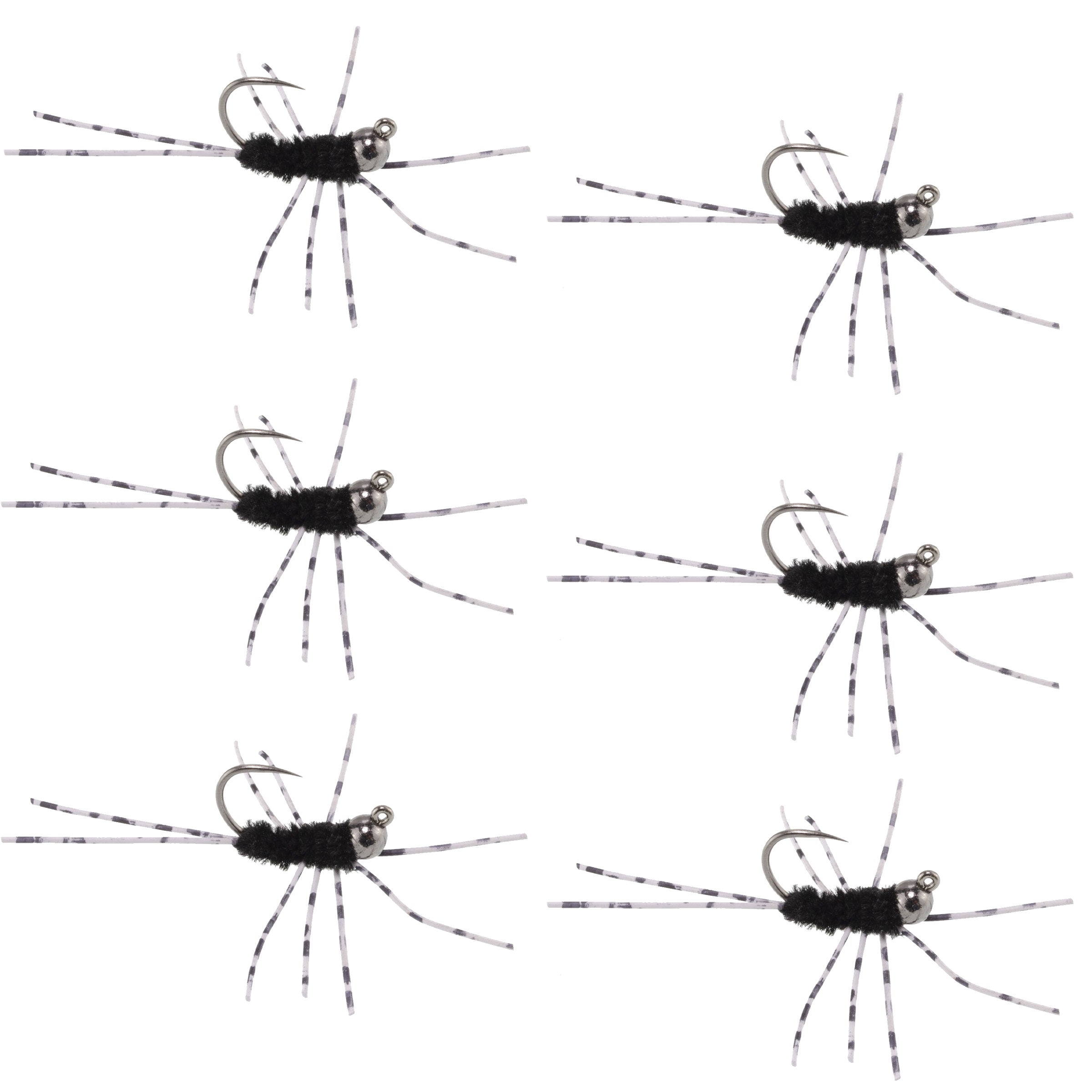 Barbless Pat's Barred Rubber Legs Tungsten Bead Jigged Black Euro Nymph - Set of 6 Flies Hook Size 6