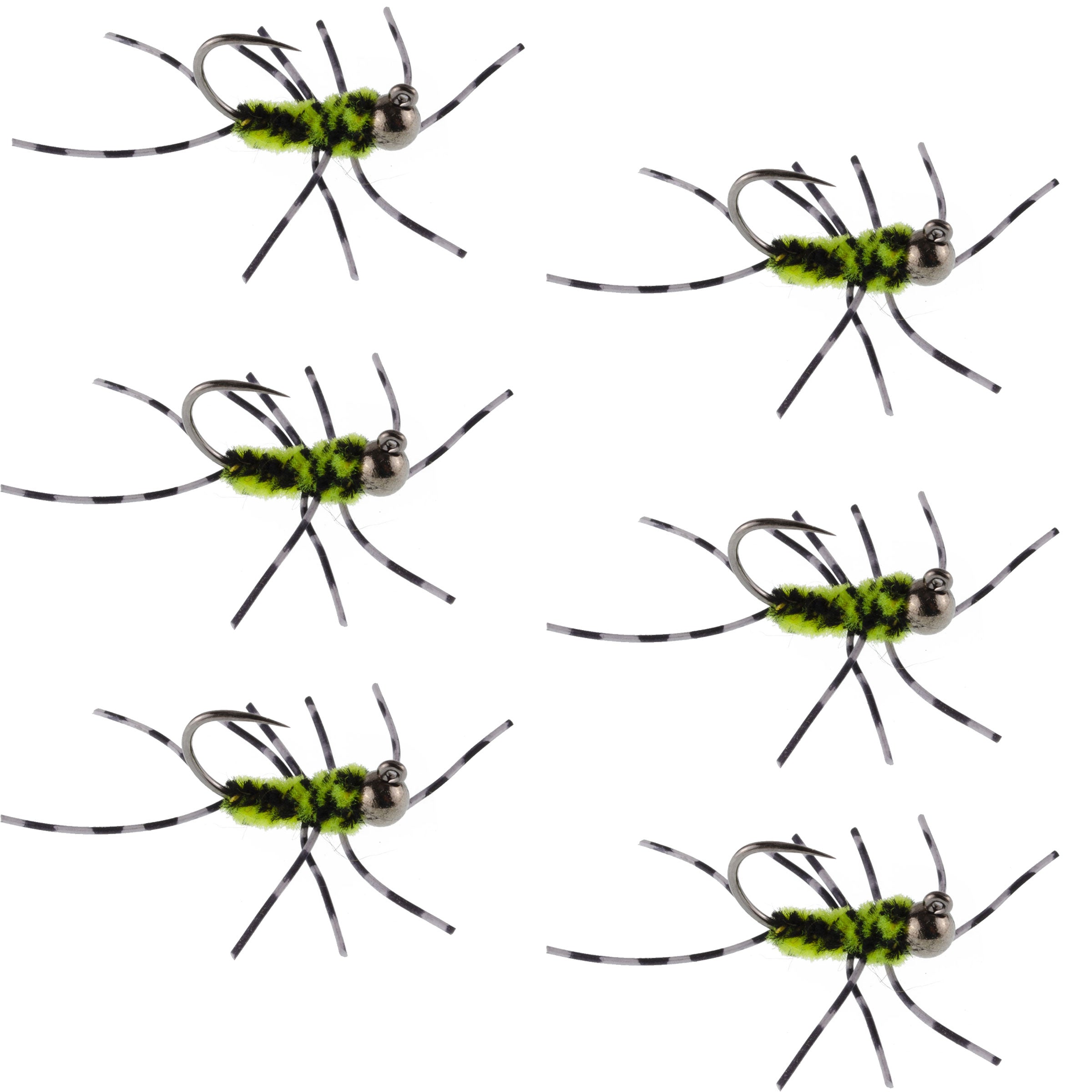 Barbless Pat's Barred Rubber Legs Tungsten Bead Jigged Black/Chartreuse Euro Nymph - Set of 6 Flies Hook Size 6