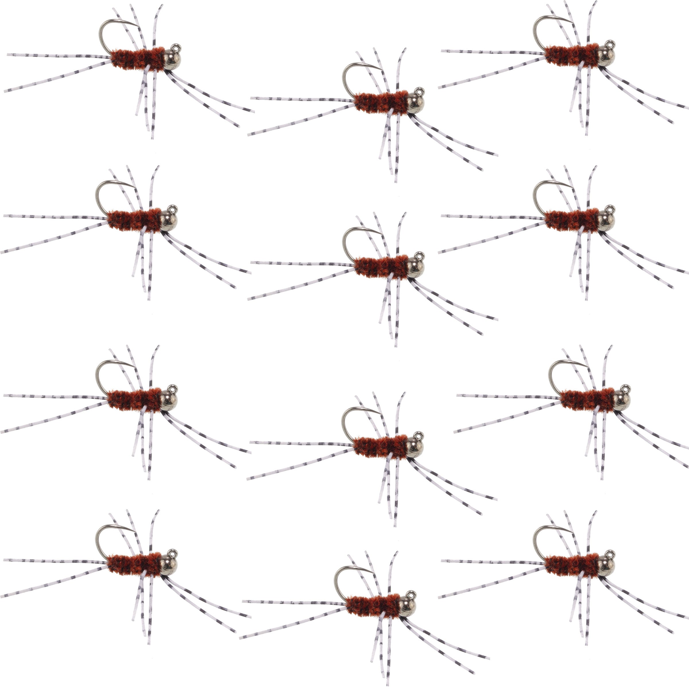 Barbless Pat's Barred Rubber Legs Tungsten Bead Jigged Brown Euro Nymph - Set of 12 Flies Hook Size 6