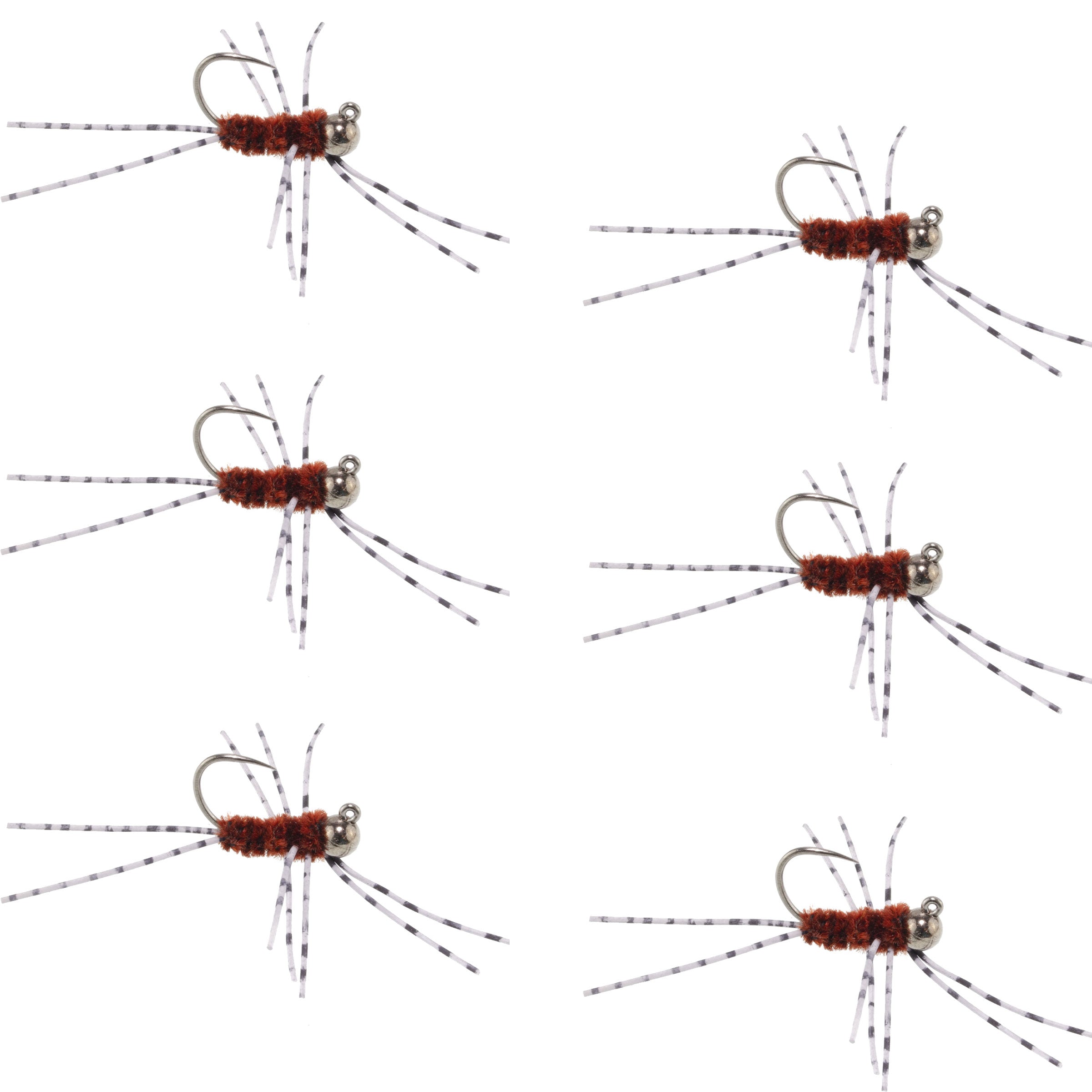 Barbless Pat's Barred Rubber Legs Tungsten Bead Jigged Brown Euro Nymph - Set of 6 Flies Hook Size 6
