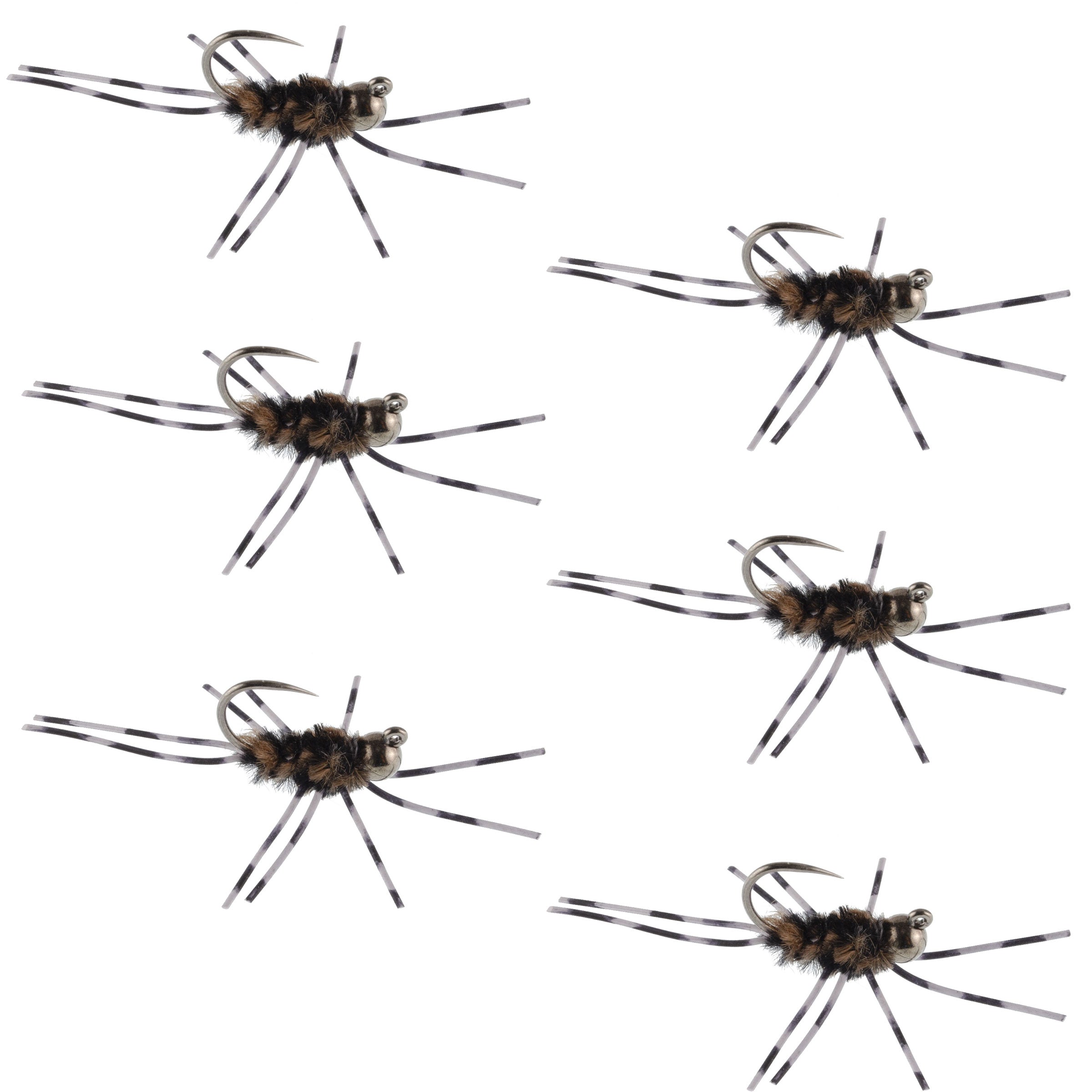 Barbless Pat's Barred Rubber Legs Tungsten Bead Jigged Coffee/Black Euro Nymph - Set of 6 Flies Hook Size 6