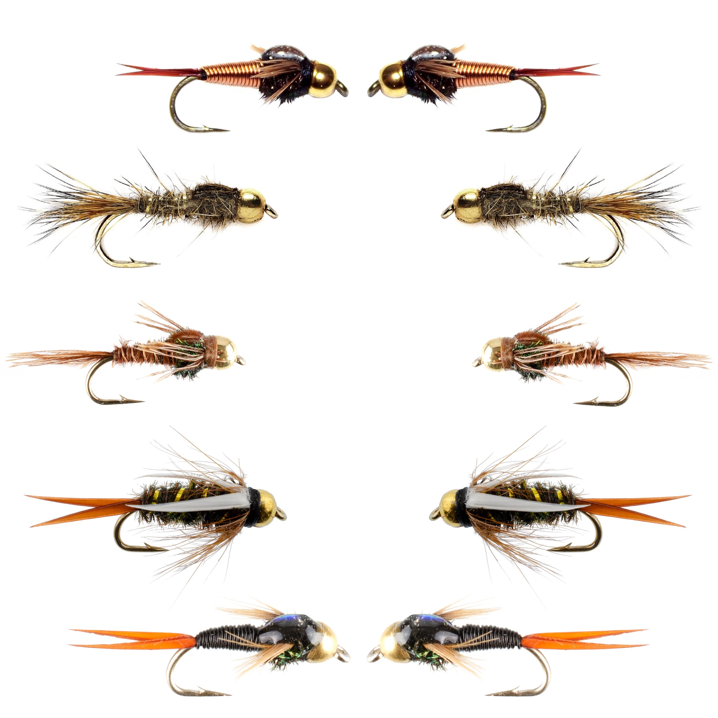 Basics Collection - Tungsten Bead Head Nymph Assortment - 10 Wet Flies - 5 Patterns - Hook Sizes 10, 12, 14, 16
