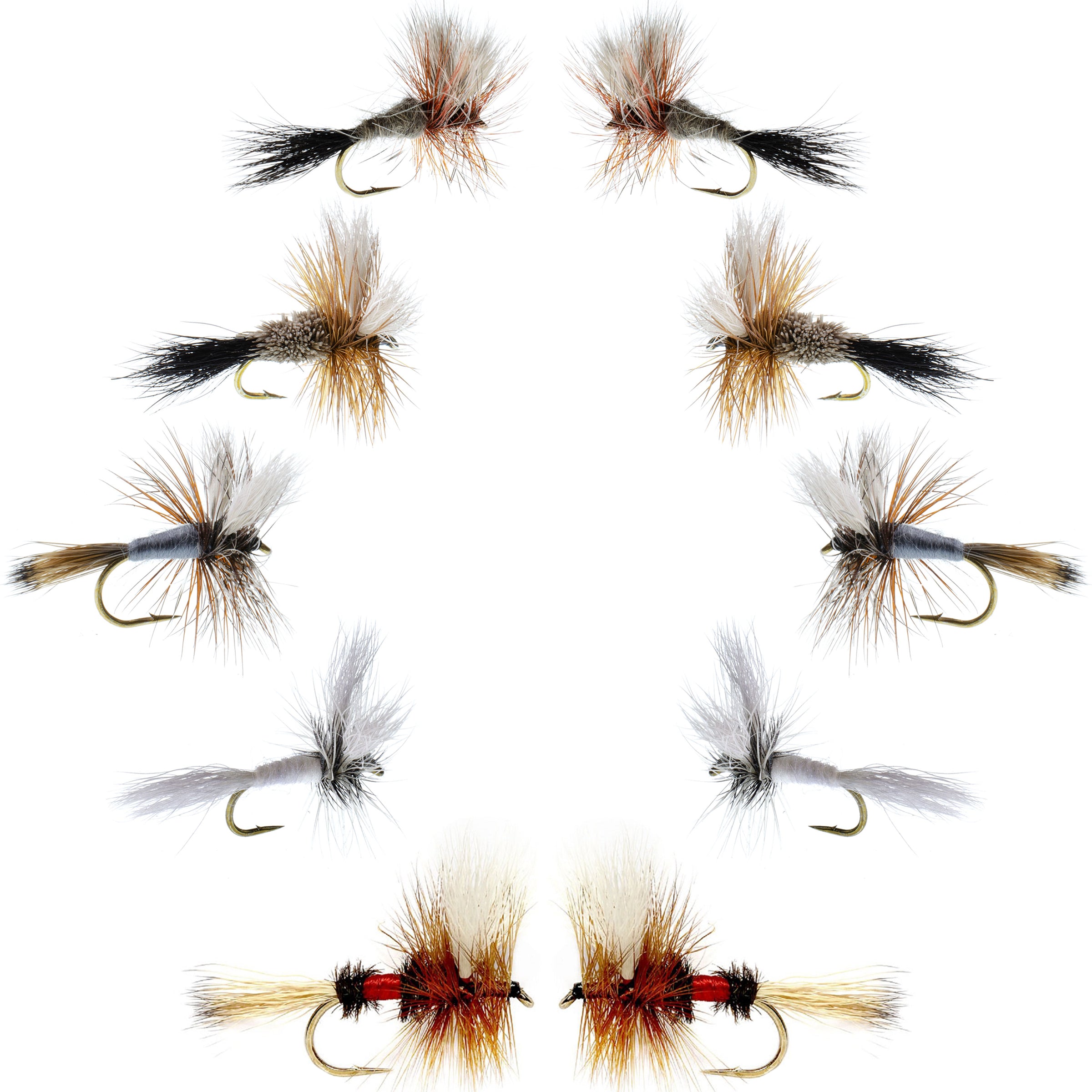 Basics Collection - Wulff Dry Fly Assortment - 10 Dry Fishing Flies - 5 Patterns - Hook Sizes 10, 12, 14