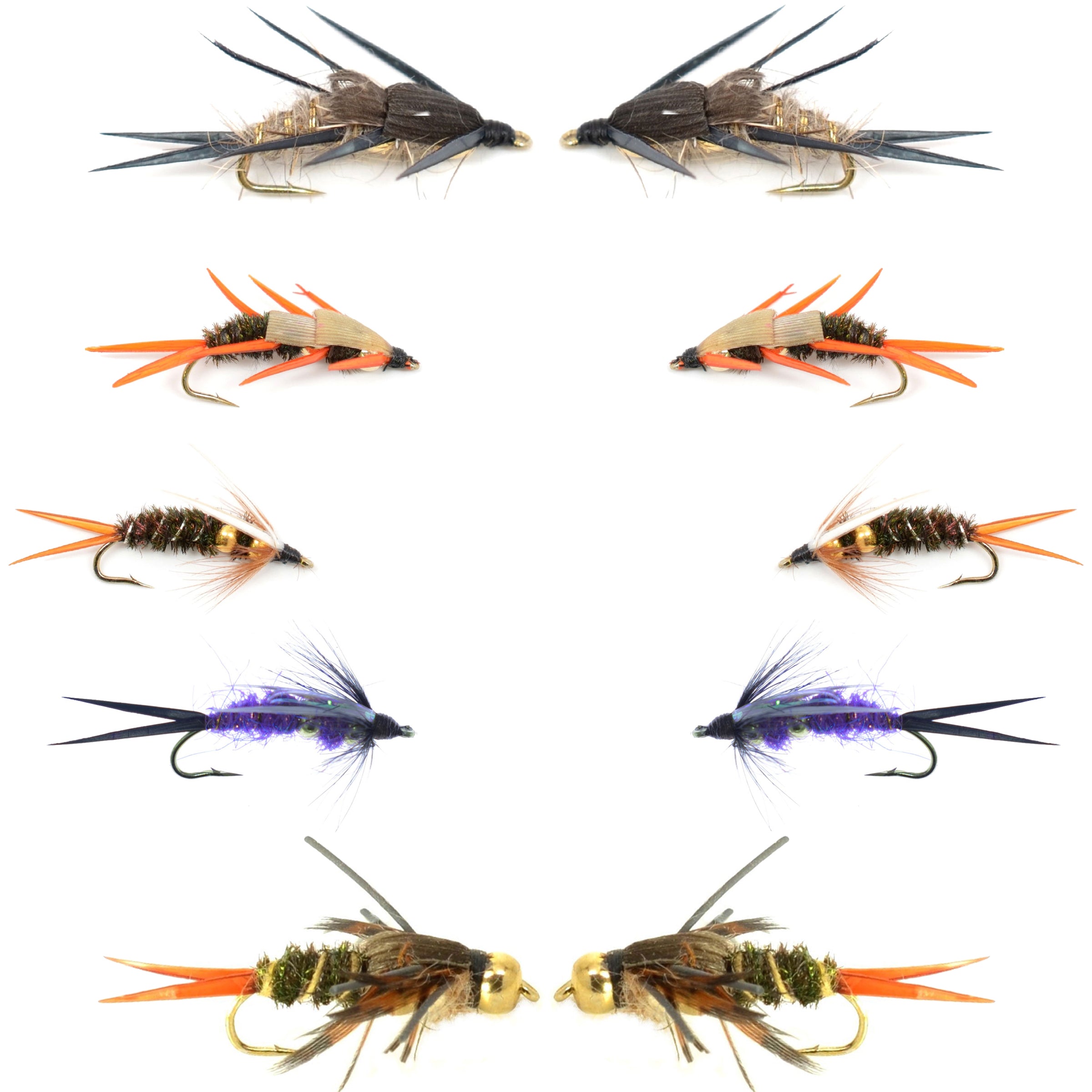 Basics Collection - Double Bead Head Nymph Assortment - 10 Wet Flies - 5 Patterns - Hook Size 10