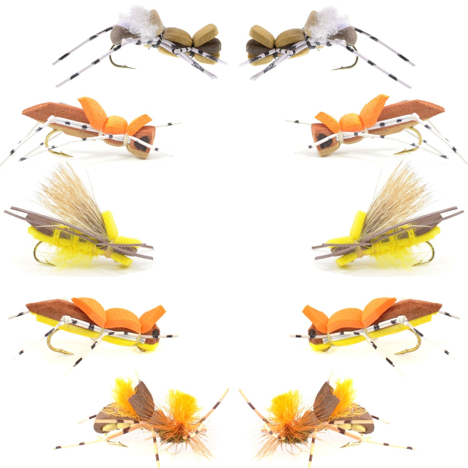 Basics Collection - Foam Hoppers Dry Fly Assortment - 10 Dry Fishing Grasshopper Flies - 5 Patterns - Hook Size 10