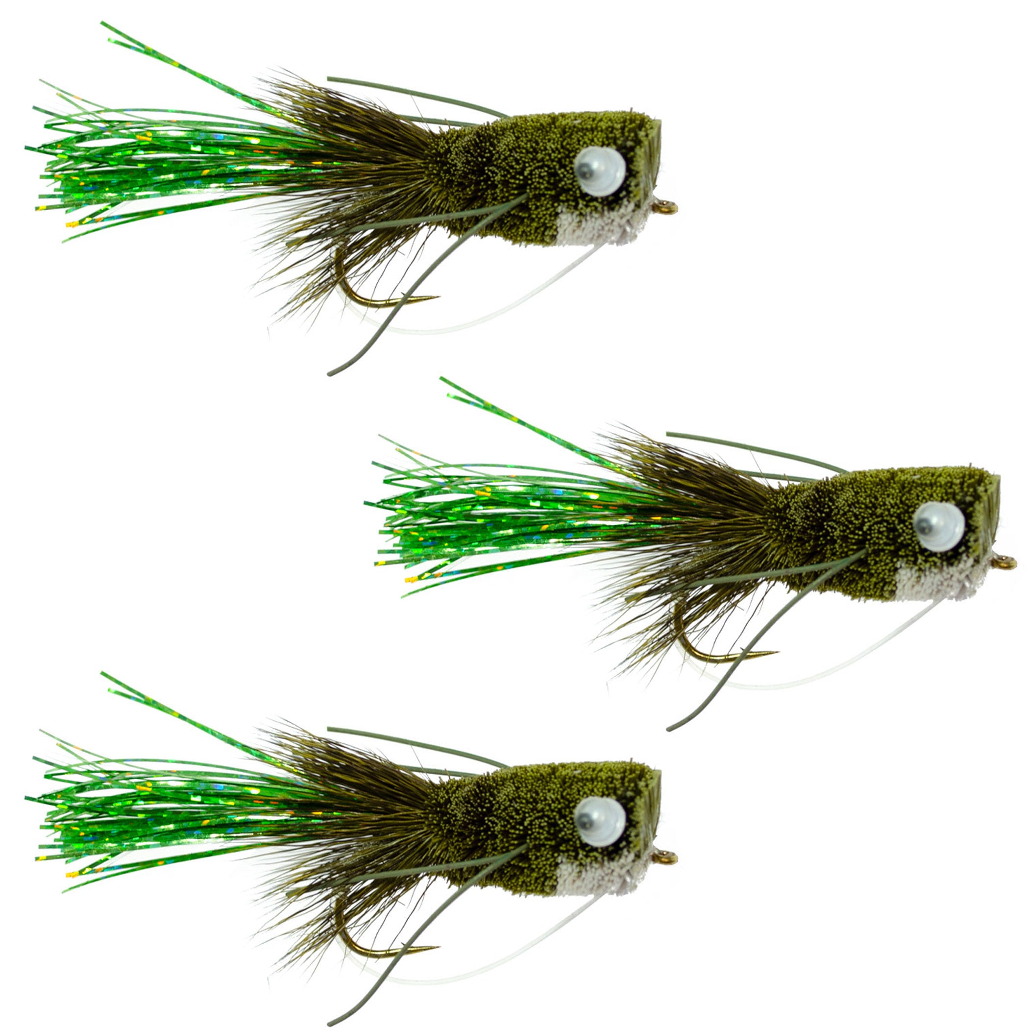 3 Pack Flashtail Bass Popper Size 8 - Olive Bass Fly Fishing Bug Wide