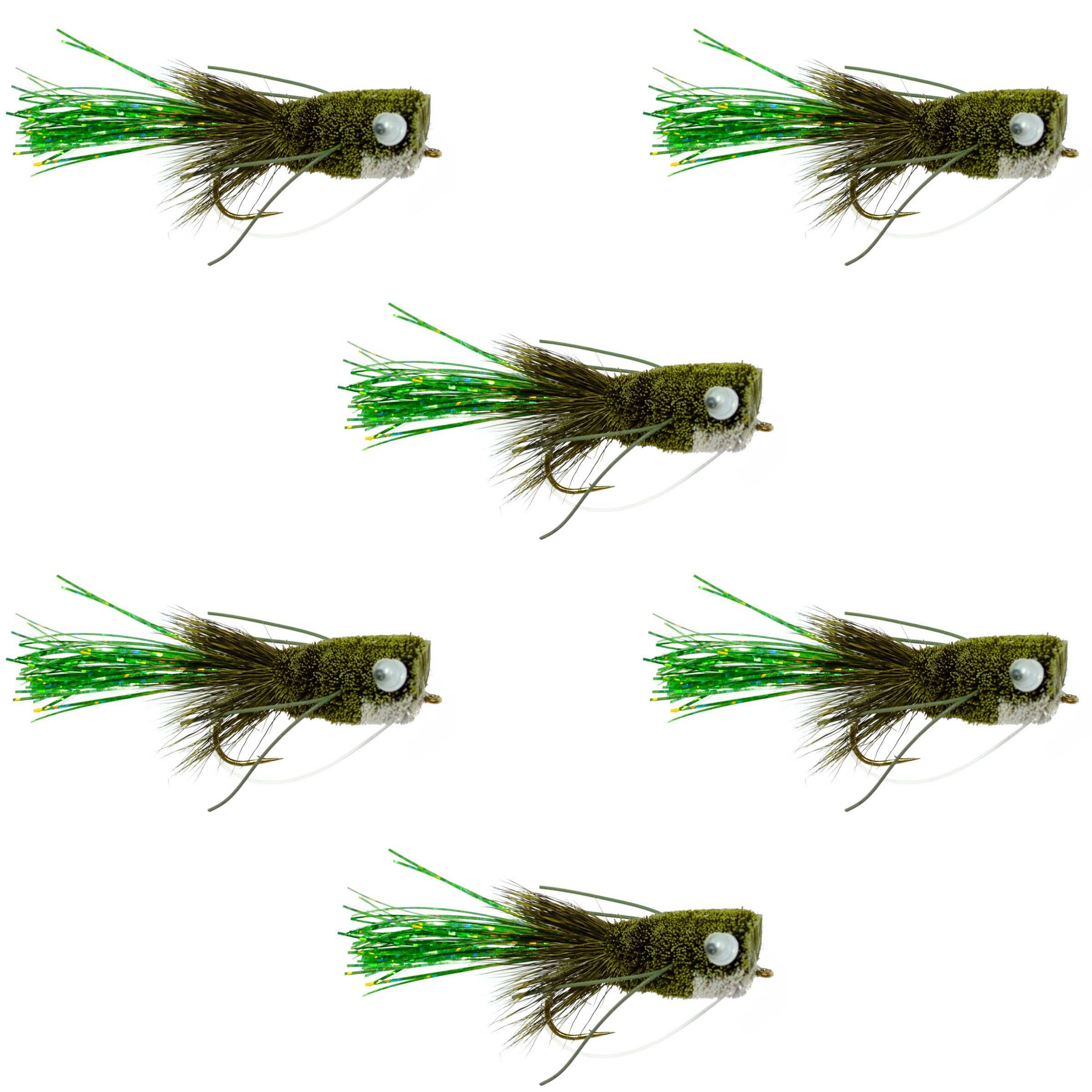 Flashtail Bass Popper 6 Flies Size 8 - Olive Bass Fly Fishing Bug Wide Gape Bass Hooks With Weed Guard
