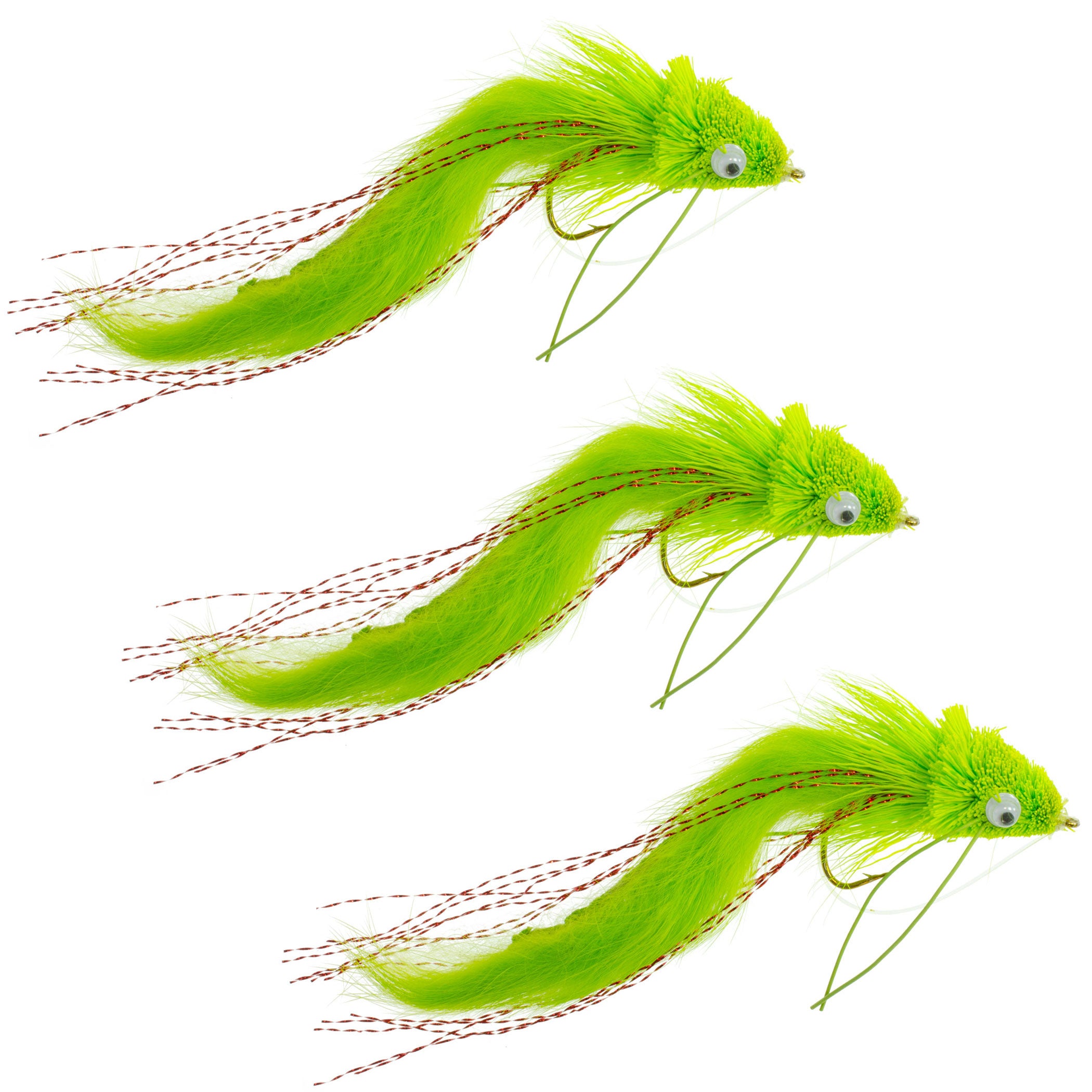 3 Pack Chartreuse Rabbit Strip Deer Hair Diver Size 4 - Bass Fly Fishi