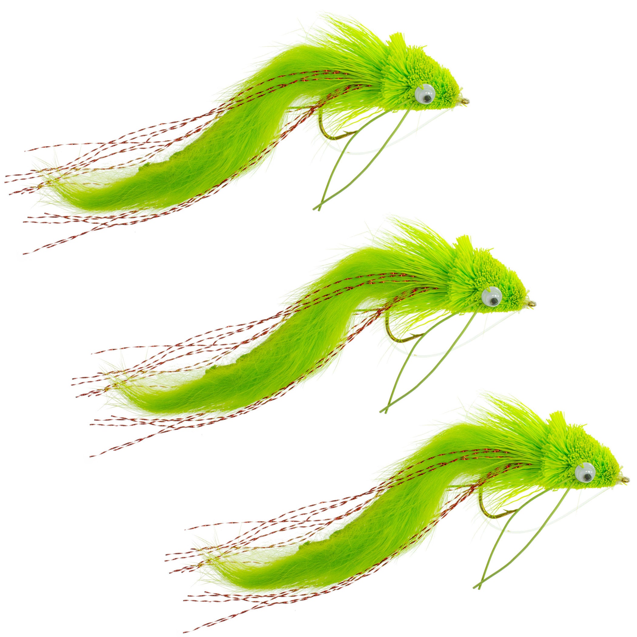 3 Pack Chartreuse Rabbit Strip Deer Hair Diver Size 4 - Bass Fly Fishing Bug Wide Gape Bass Hooks With Weed Guard