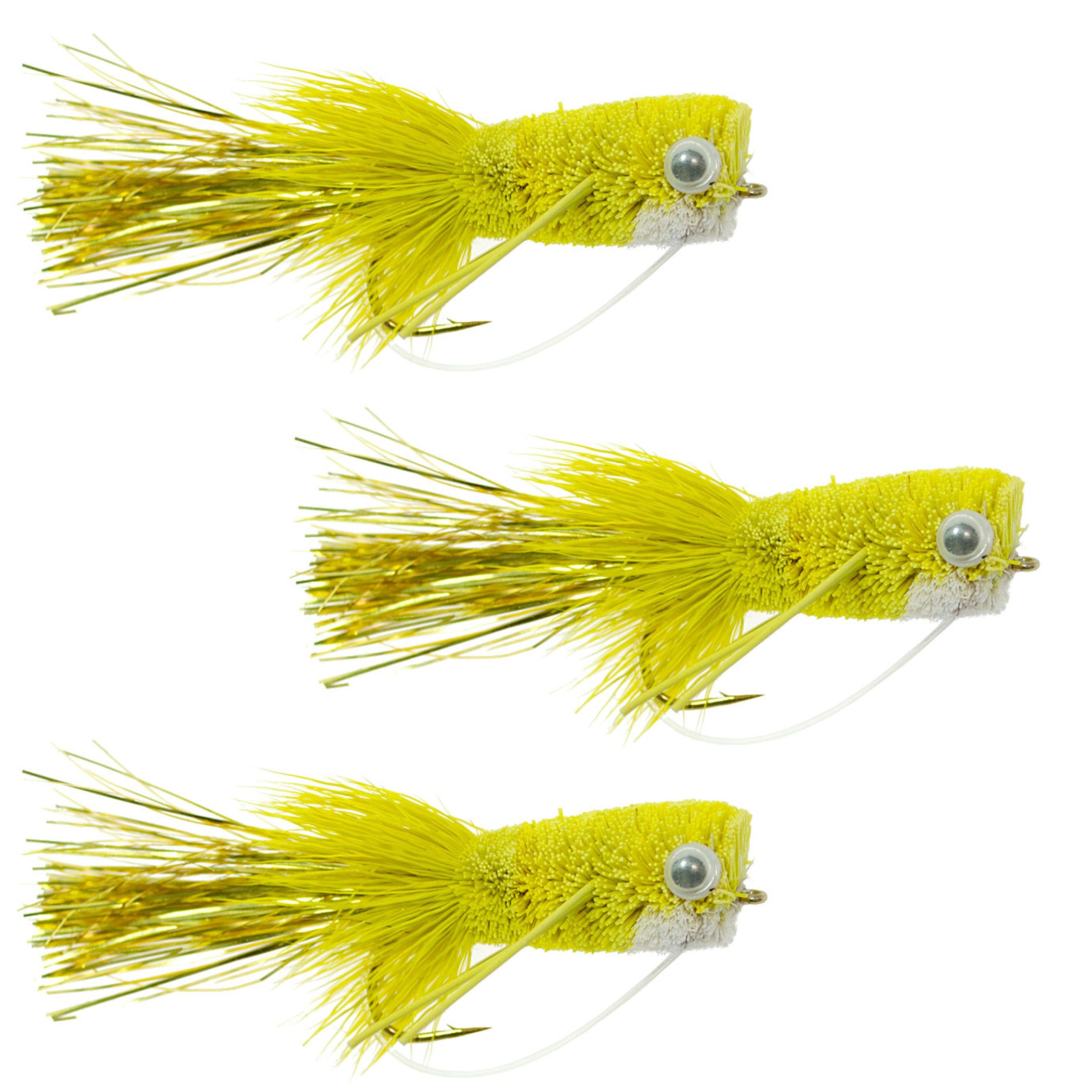3 Pack Flashtail Bass Popper Size 8 - Yellow Bass Fly Fishing Bug Wide