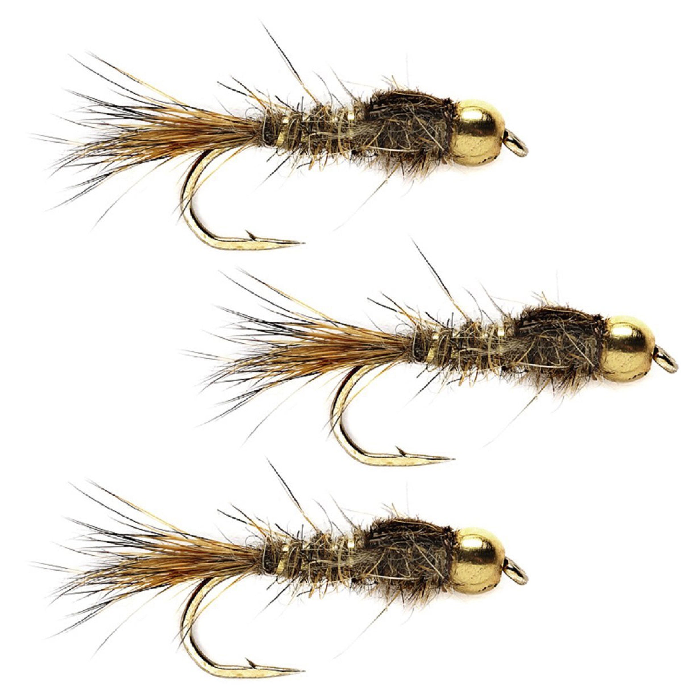 3 Pack Bead Head Gold Ribbed Hare's Ear Nymph Fly Fishing Flies Hook Size 16