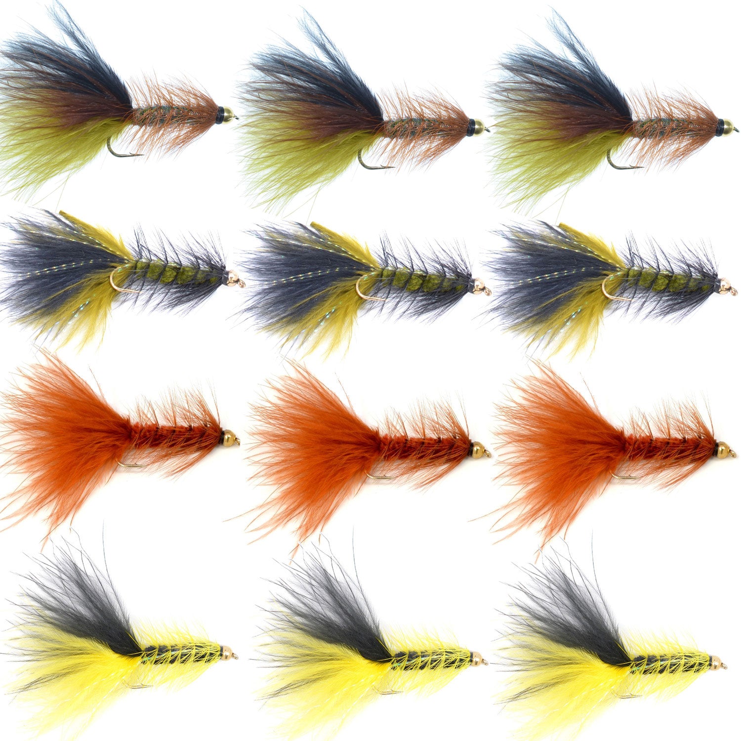 Bead Head Crystal Woolly Bugger Streamer Moscas - Juego de 12 moscas para lubinas y truchas - Tamaño del gancho 4