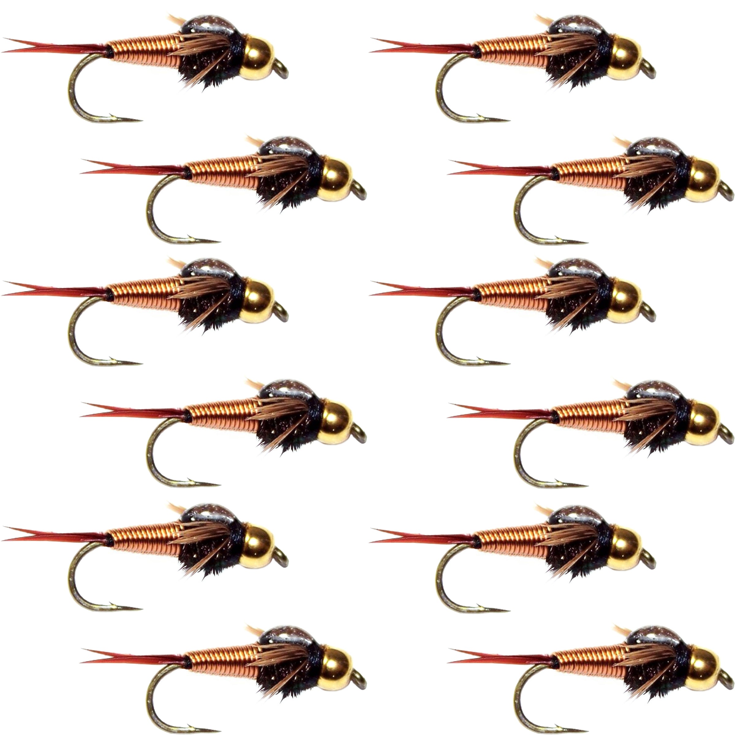 Tungsten Bead Head Copper John Nymph 1 Dozen Fly Fishing Flies - Hook Size 12