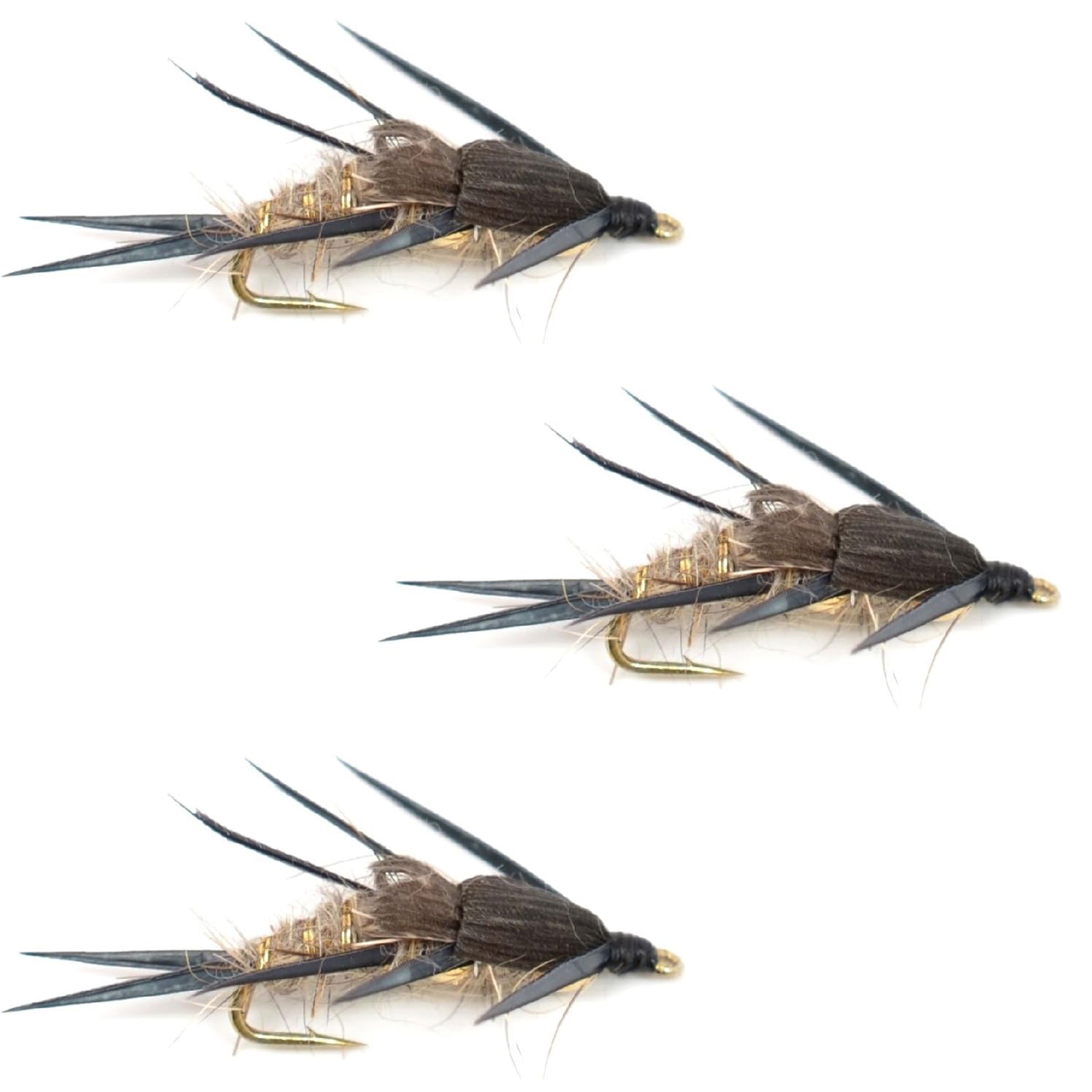 3 Pack Double Bead Black Biot Legs Gold Ribbed Hare's Ear Nymph Fly Fishing Flies Hook Size 12