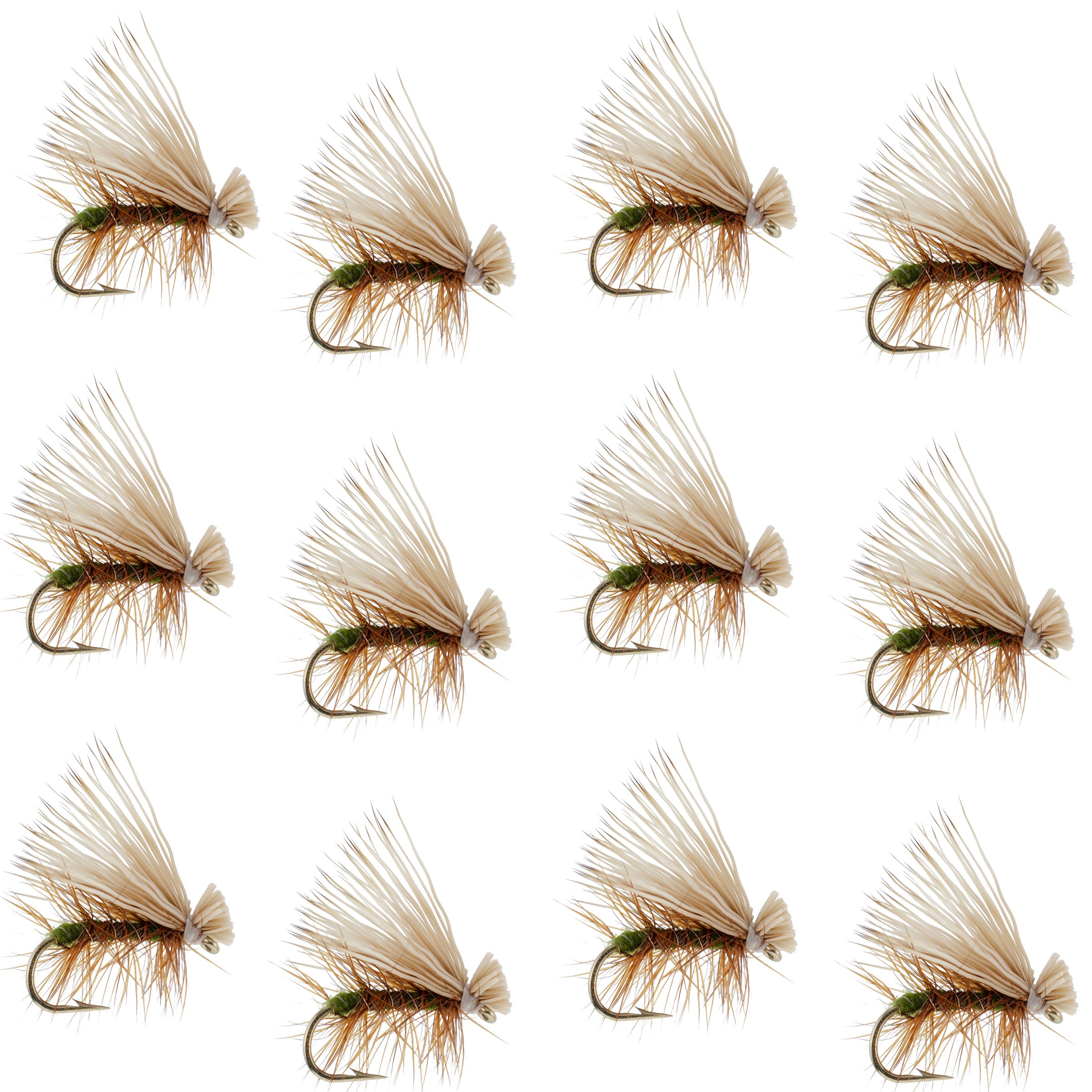 Olive Elk Hair Caddis Classic Trout Dry Fly - Set of 12 Flies Size 12 `