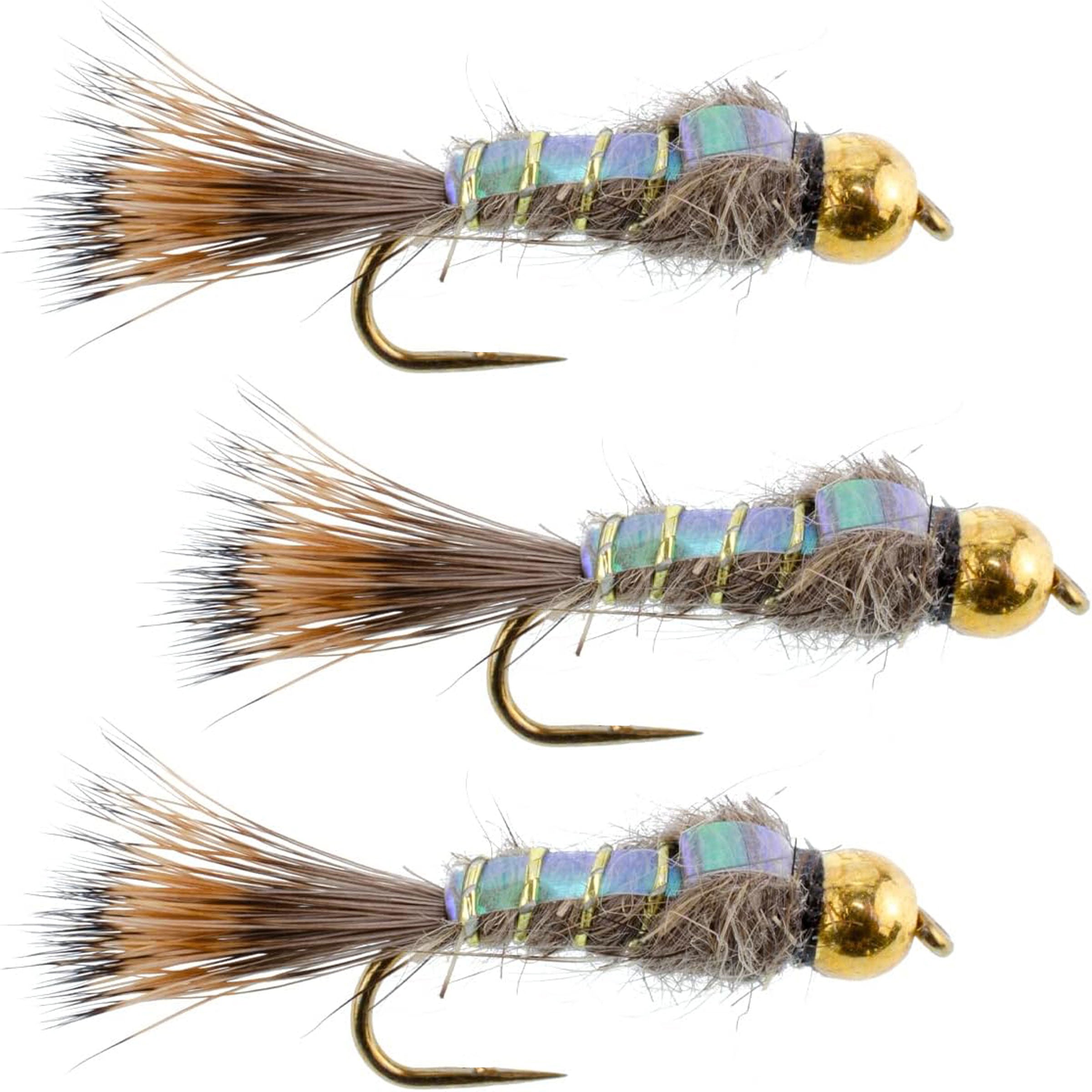 3 Pack Barbless Bead Head Flash Back Gold Ribbed Hare's Ear Nymph Flies Hook Size 16
