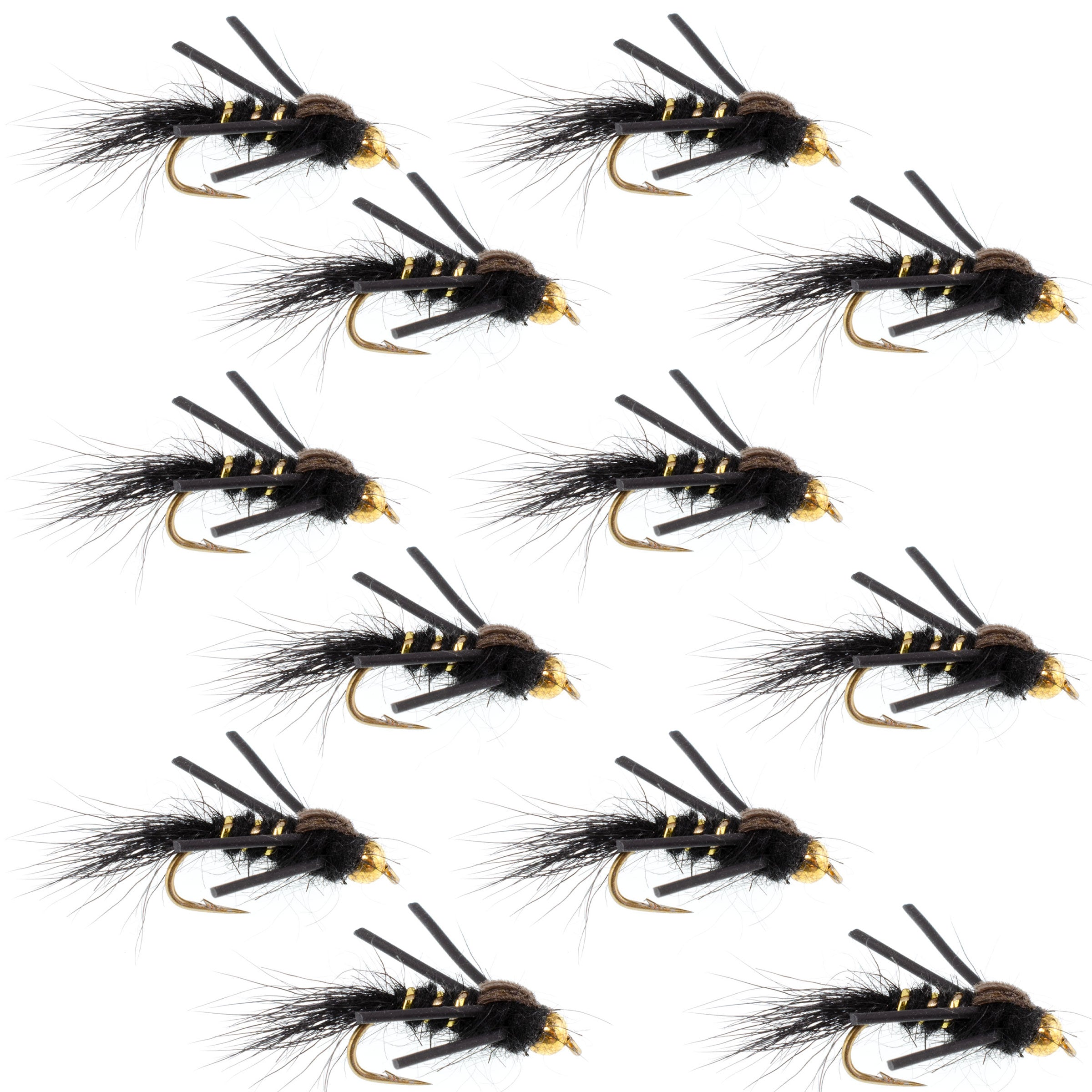 Tungsten Bead Head Rubber Legs Black Gold-Ribbed Hare's Ear Trout Fly Nymph - 1 Dozen Flies Hook Size 14