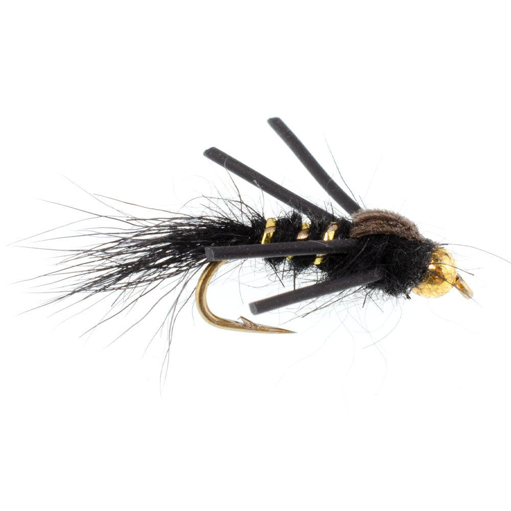 3 Pack Tungsten Bead Head Rubber Legs Black Gold-Ribbed Hare's Ear Trout Fly Nymph - Hook Size 16
