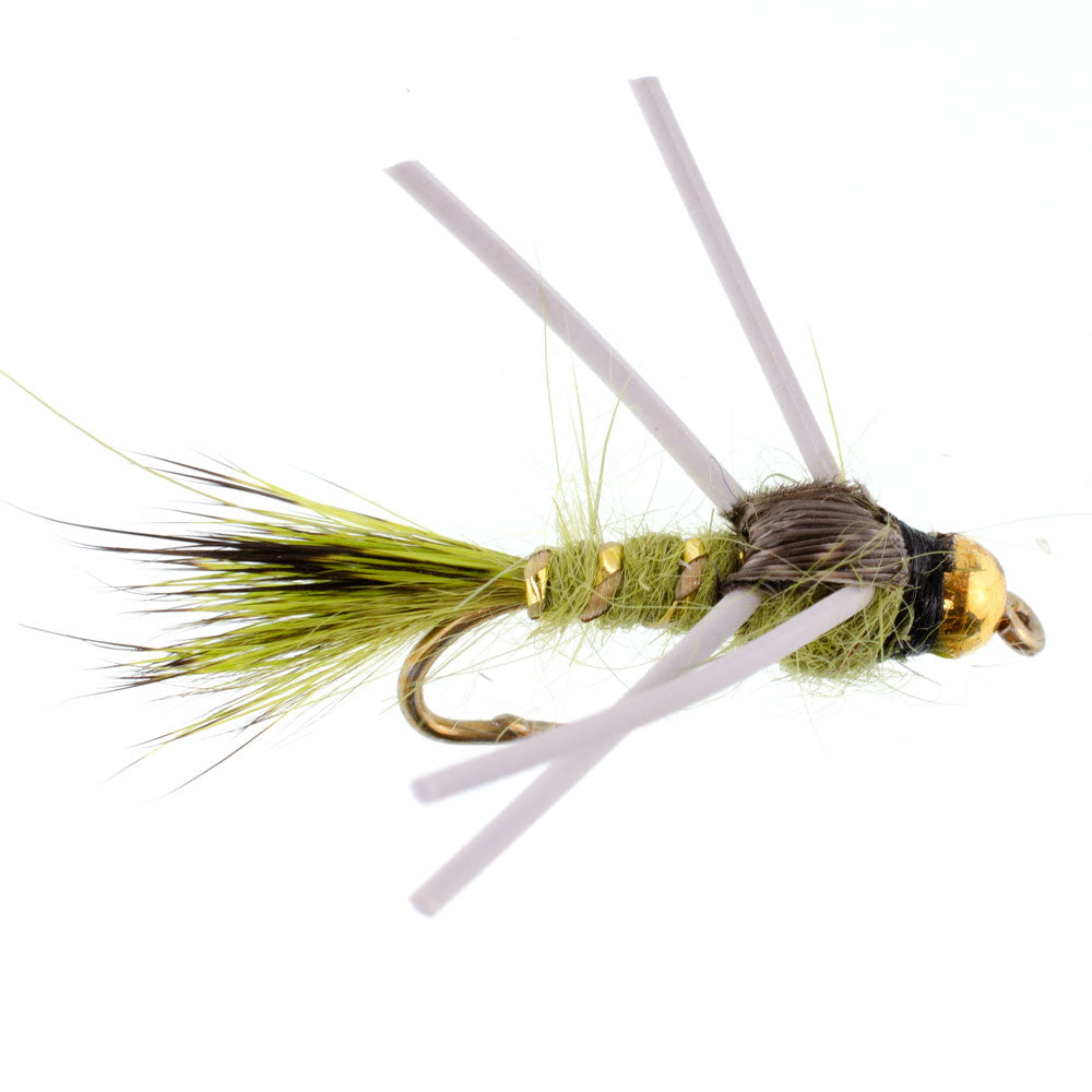 3 Pack Tungsten Bead Head Rubber Legs Olive Gold-Ribbed Hare's Ear Trout Fly Nymph - Hook Size 12