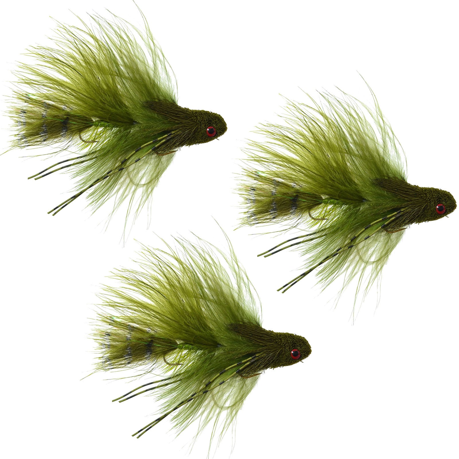 Paquete de 3 Mini Sex Dungeon Streamer Olive - Tamaño 6 - Trucha articulada Bass Steelhead Salmón y lubina Moscas de pesca con mosca