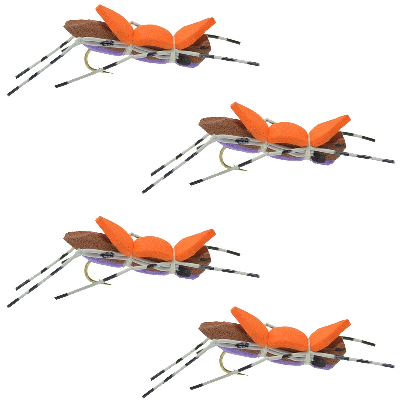 Paquete de 4 moscas de saltamontes con cuerpo de espuma morada, tamaño de gancho 10