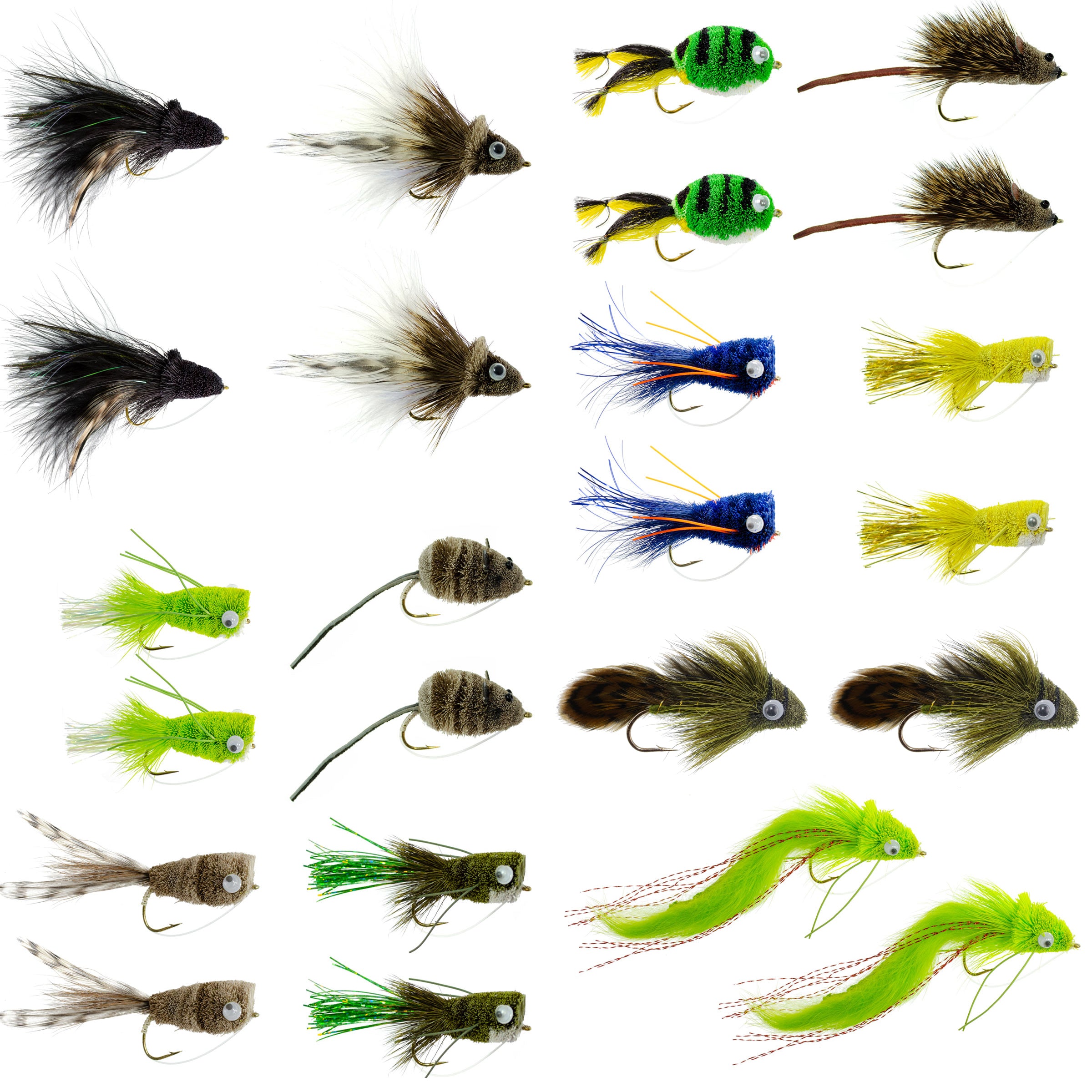 Bass Bug Collection - 24 Spun Hair Bass Flies - Hook Sizes 2,4, 6, 8