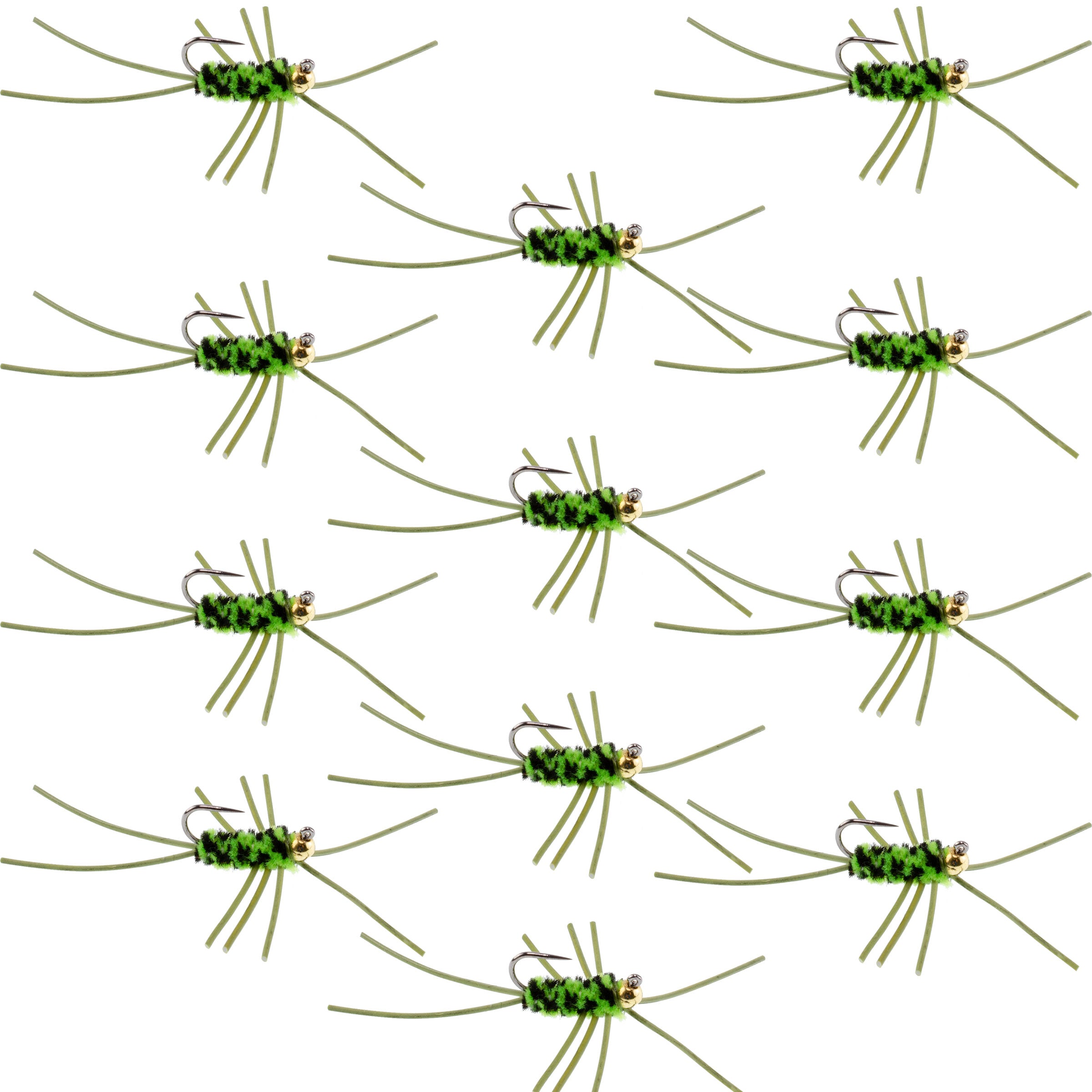 Barbless Pat's Rubber Legs Tungsten Bead Jigged Black/Chartreuse Euro Nymph - Set of 12 Flies Hook Size 10
