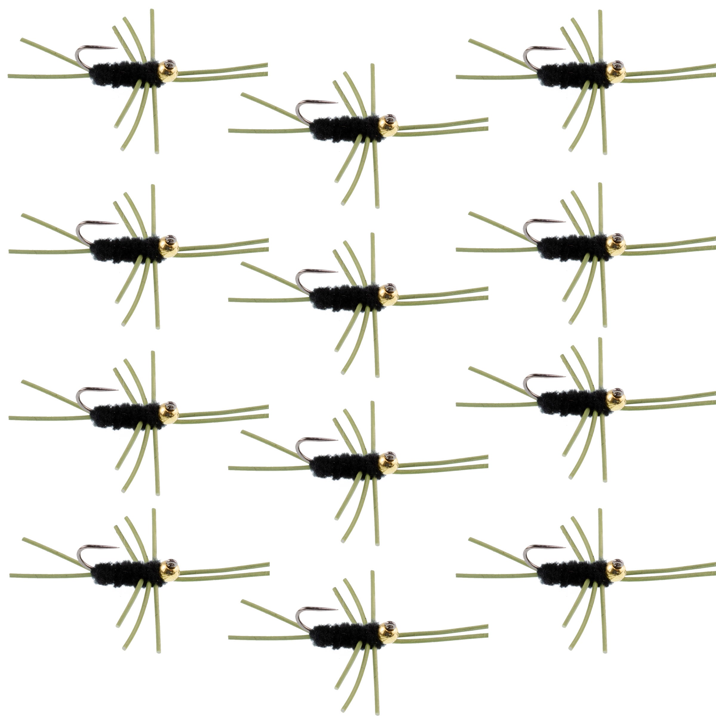 Barbless Pat's Rubber Legs Tungsten Bead Jigged Black Euro Nymph - Set of 12 Flies Hook Size 10