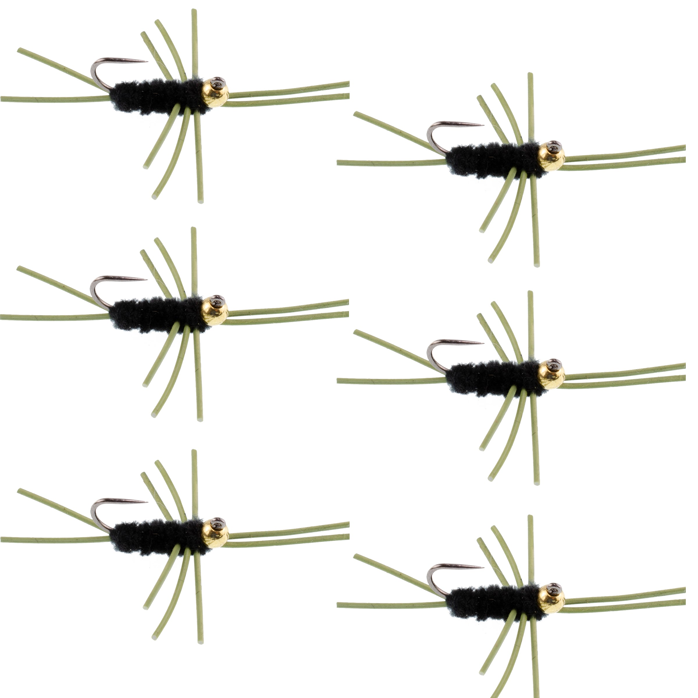 Barbless Pat's Rubber Legs Tungsten Bead Jigged Black Euro Nymph - Set of 6 Flies Hook Size 10