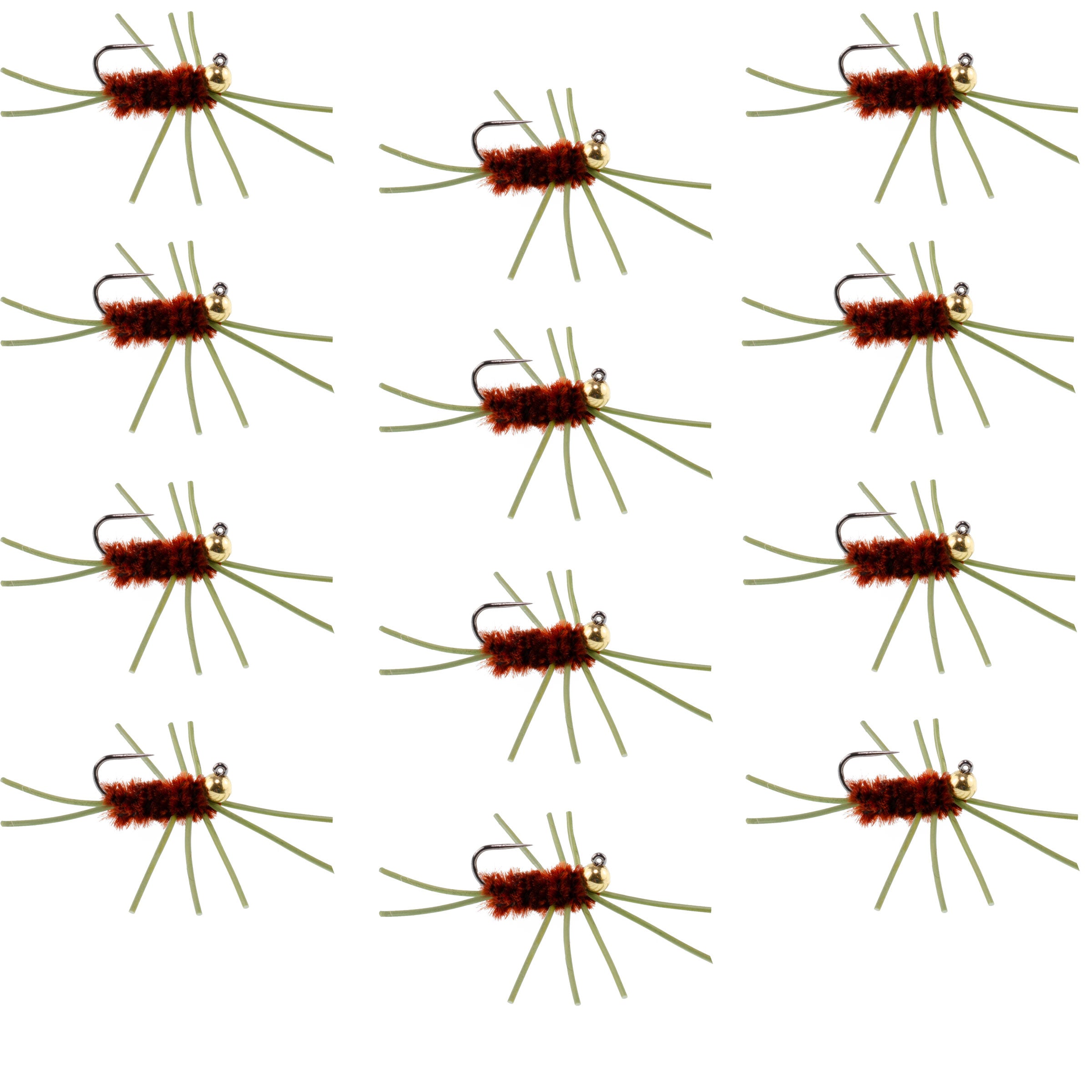 Barbless Pat's Rubber Legs Tungsten Bead Jigged Brown Euro Nymph - Set of 12 Flies Hook Size 10
