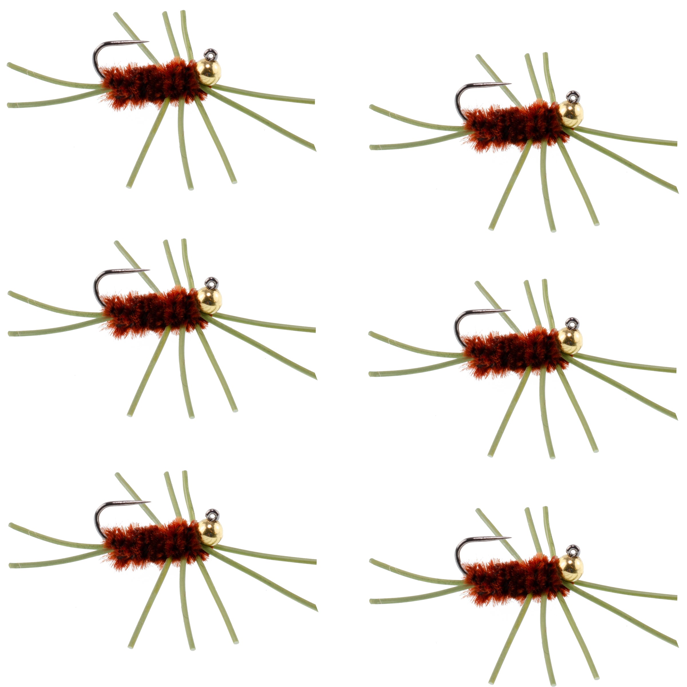 Barbless Pat's Rubber Legs Tungsten Bead Jigged Brown Euro Nymph - Set of 6 Flies Hook Size 10