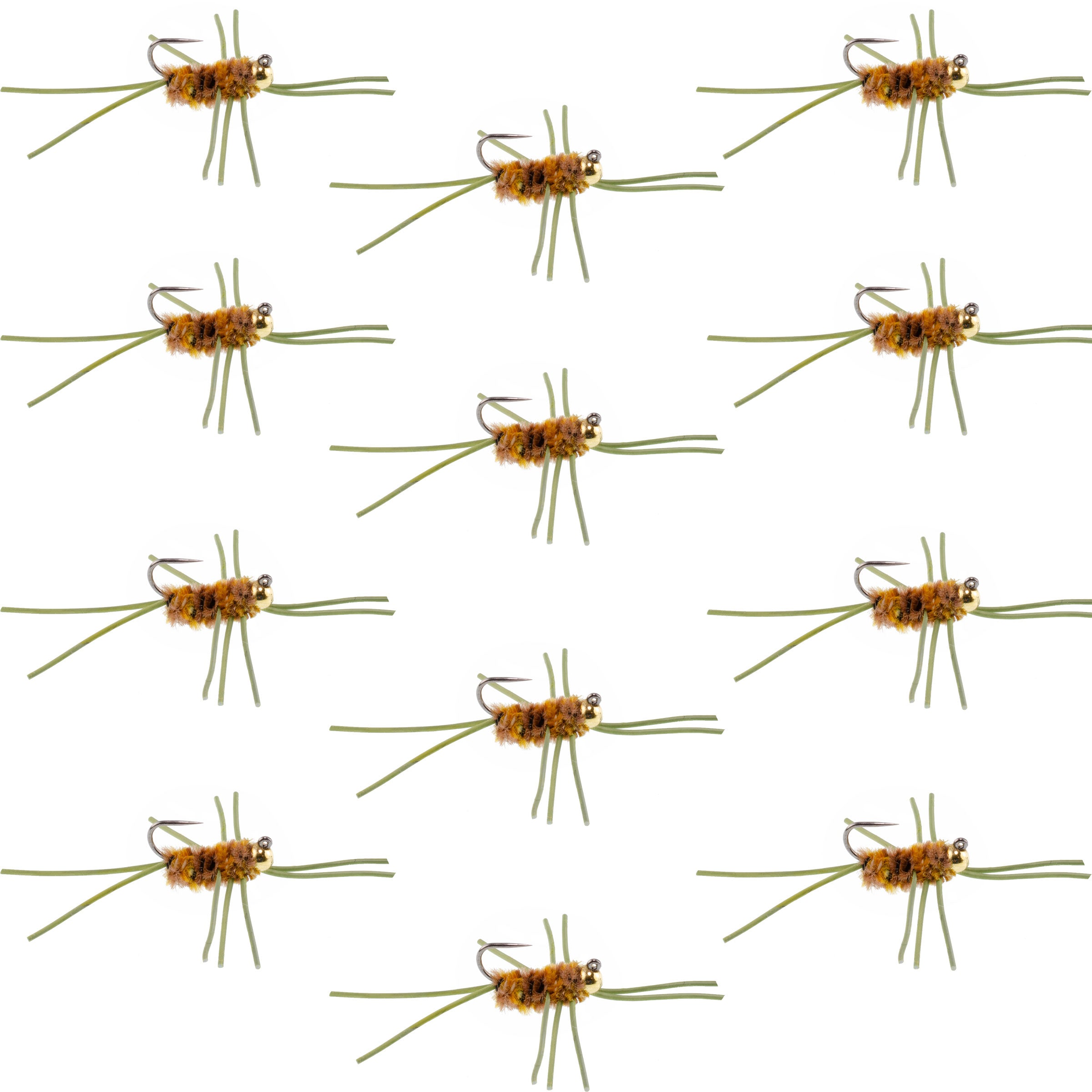 Barbless Pat's Rubber Legs Tungsten Bead Jigged Coffee/Tan Euro Nymph - Set of 12 Flies Hook Size 10