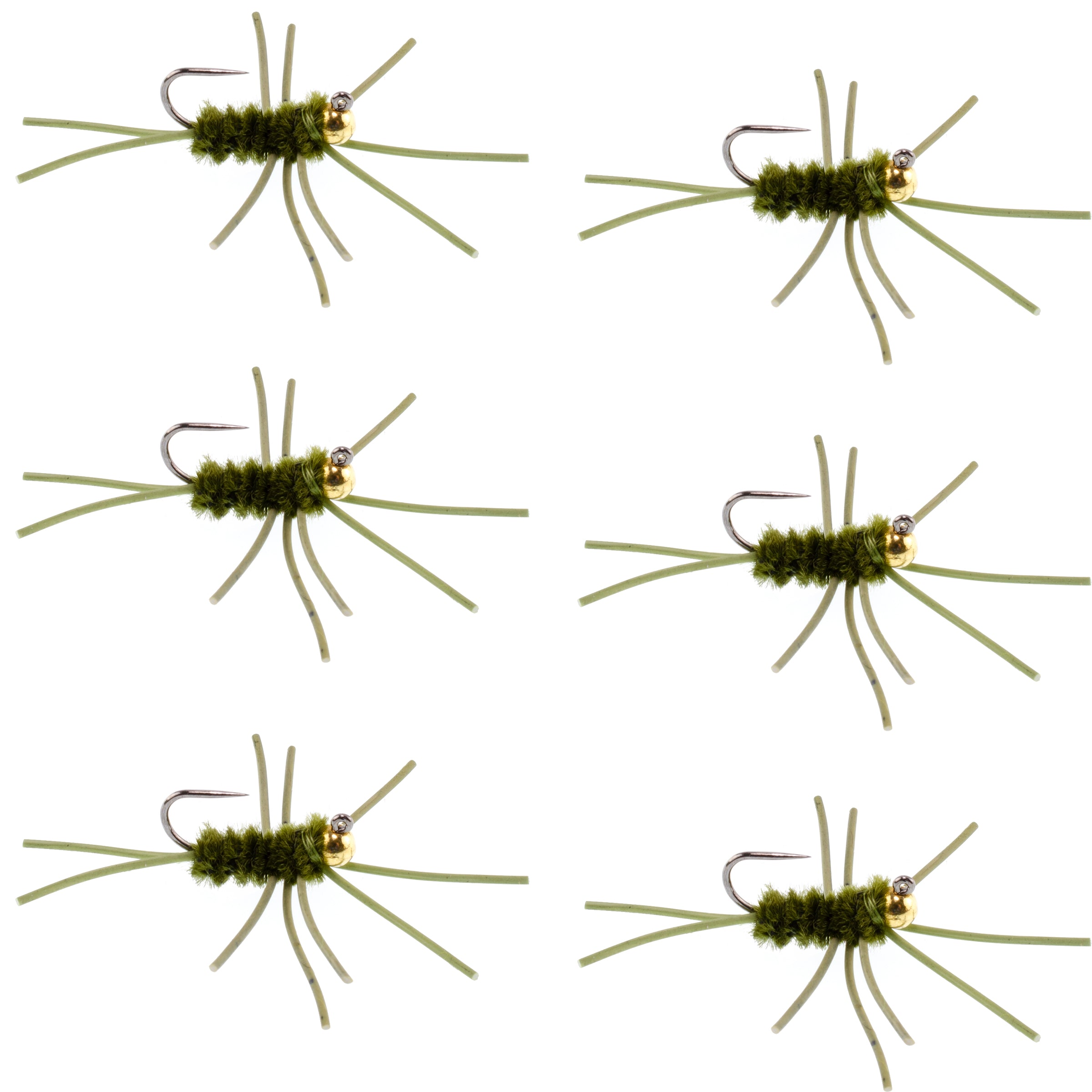 Barbless Pat's Rubber Legs Tungsten Bead Jigged Dark Olive Euro Nymph - Set of 6 Flies Hook Size 10