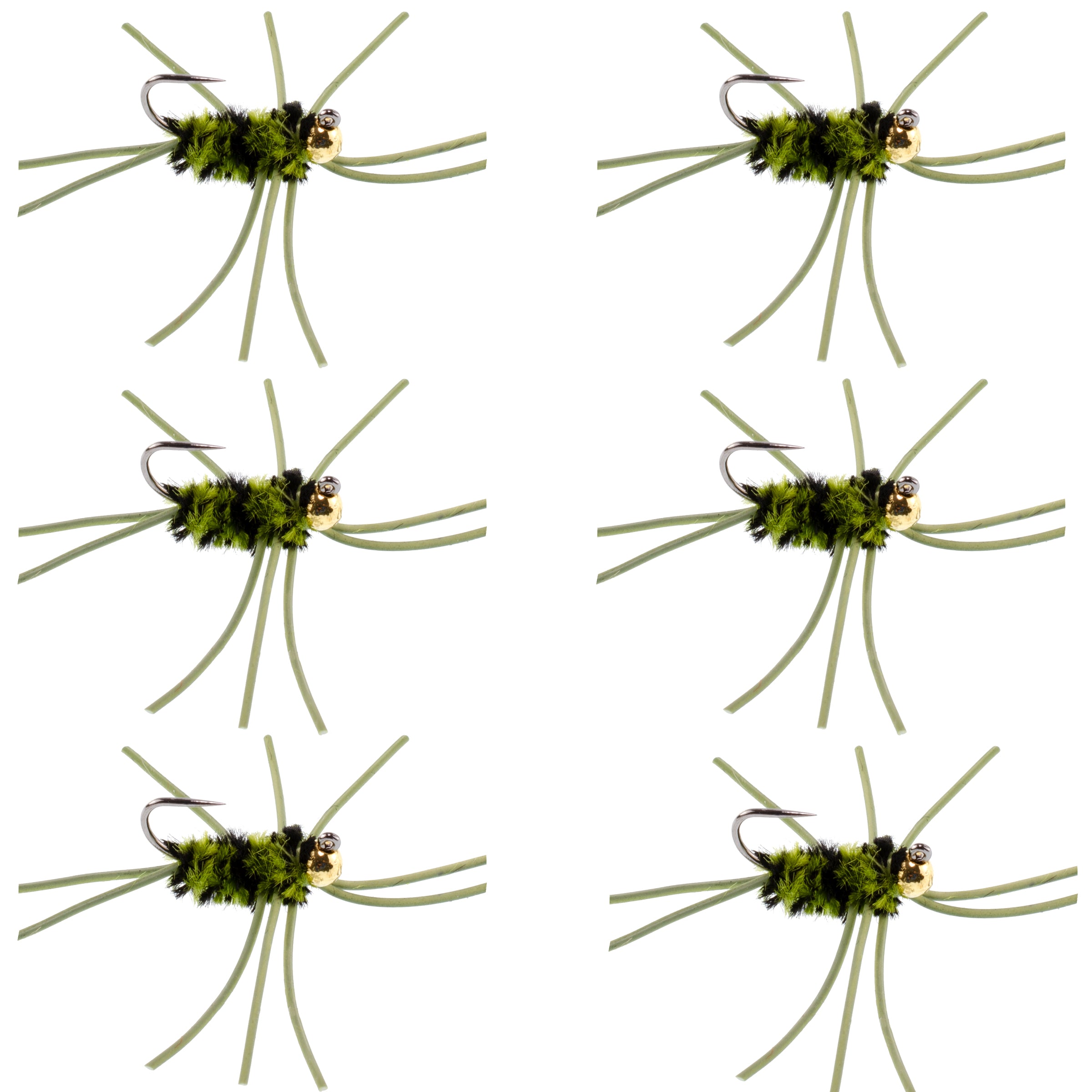 Barbless Pat's Rubber Legs Tungsten Bead Jigged Olive/Black Euro Nymph - Set of 6 Flies Hook Size 10