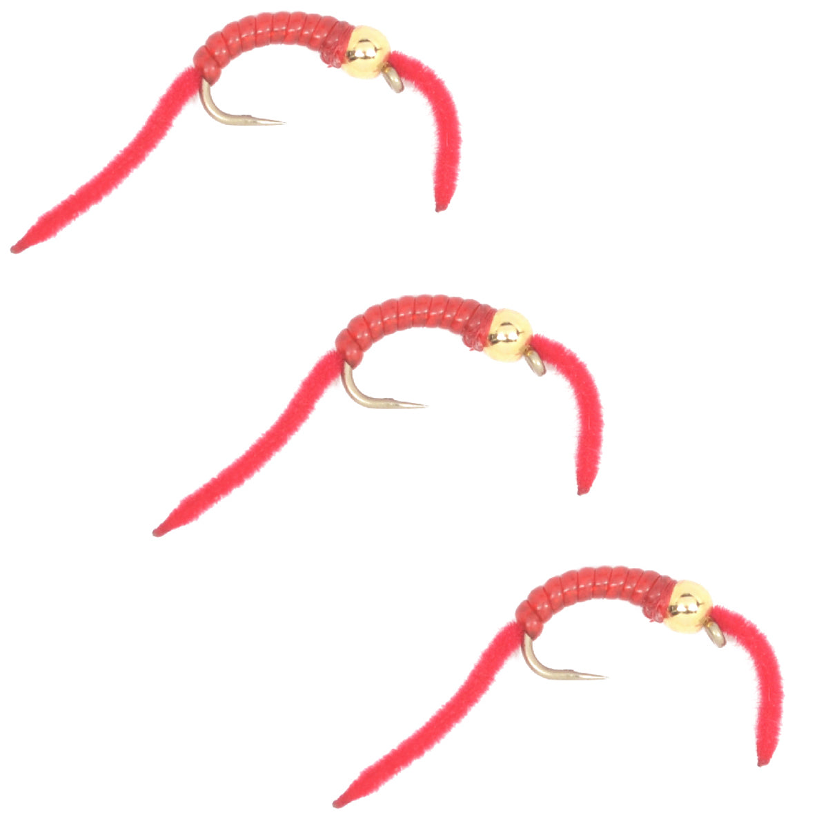 Paquete de 3 San Juan Power Worm Gold Bead Head Red V-Rib - Tamaño del gancho 14
