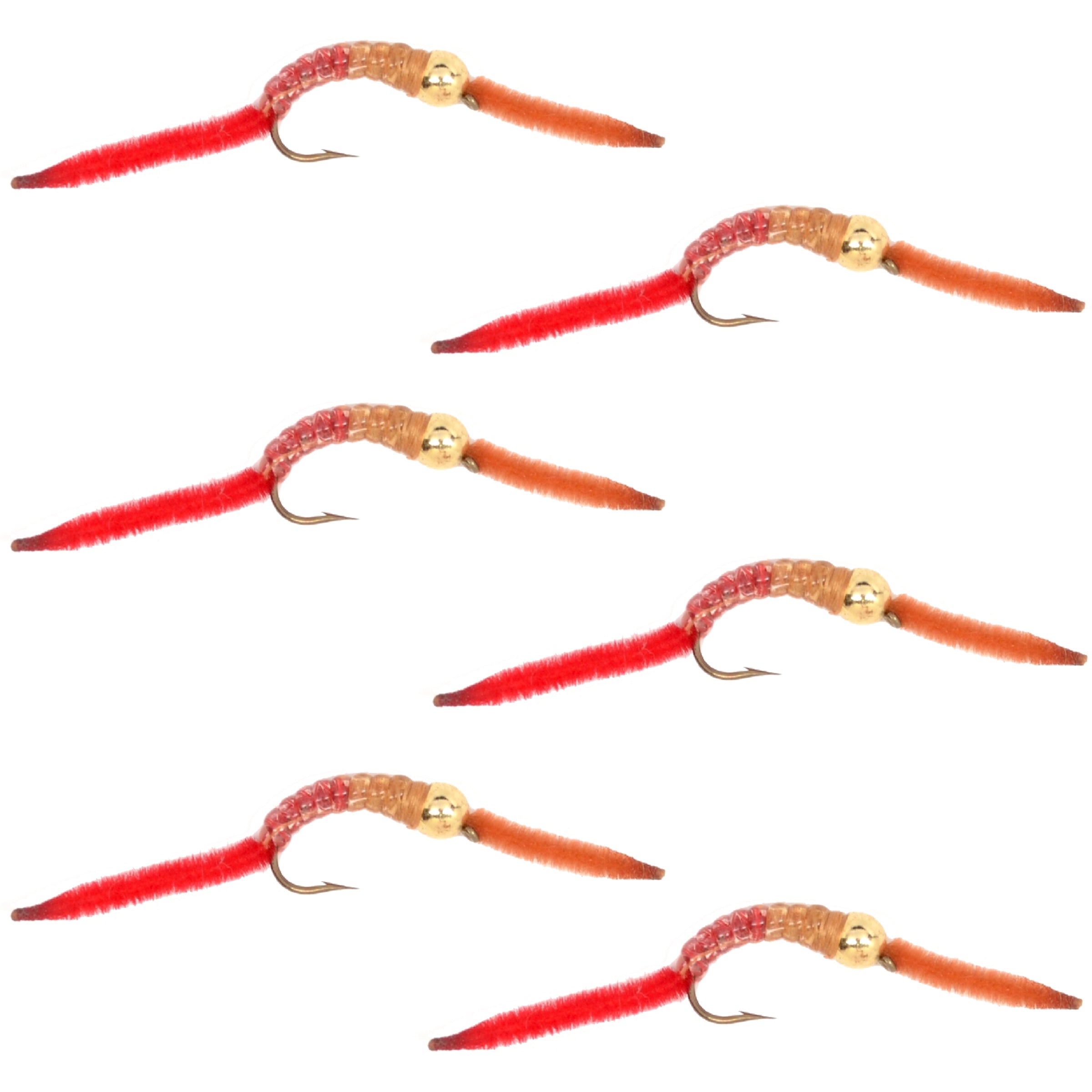 San Juan Worm Gold Bead Power Worm Half and Half - Set of 6 Nymph Flies Hook Size 12