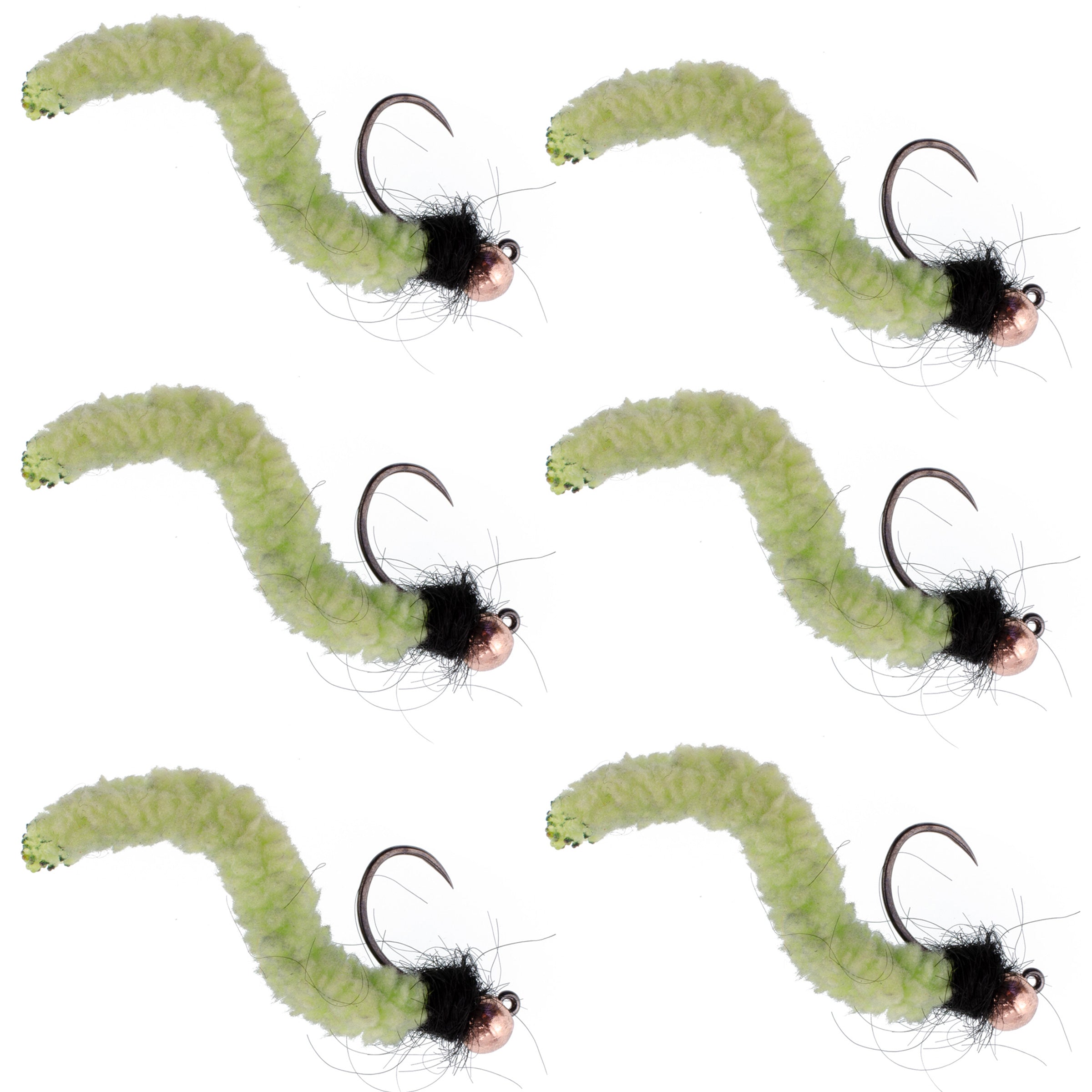Cuentas de tungsteno Chartreuse Wormy Mop Fly plantilla táctica checa Euro Nymph Barbless Fly - 6 moscas tamaño 14