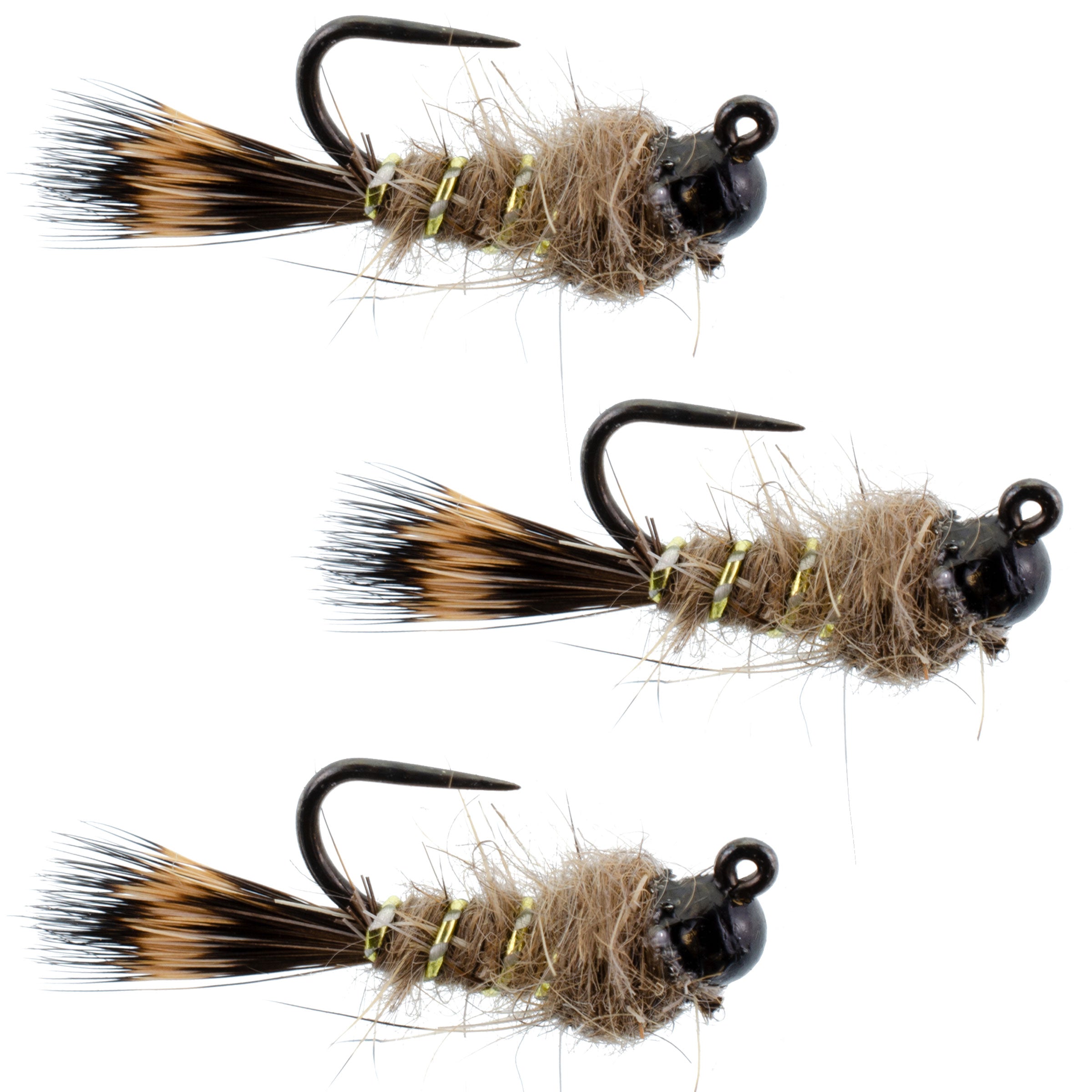 3 Pack Black Tungsten Bead Tactical Hares Ear Czech Nymph Euro Nymphing Fly - Hook Size 16