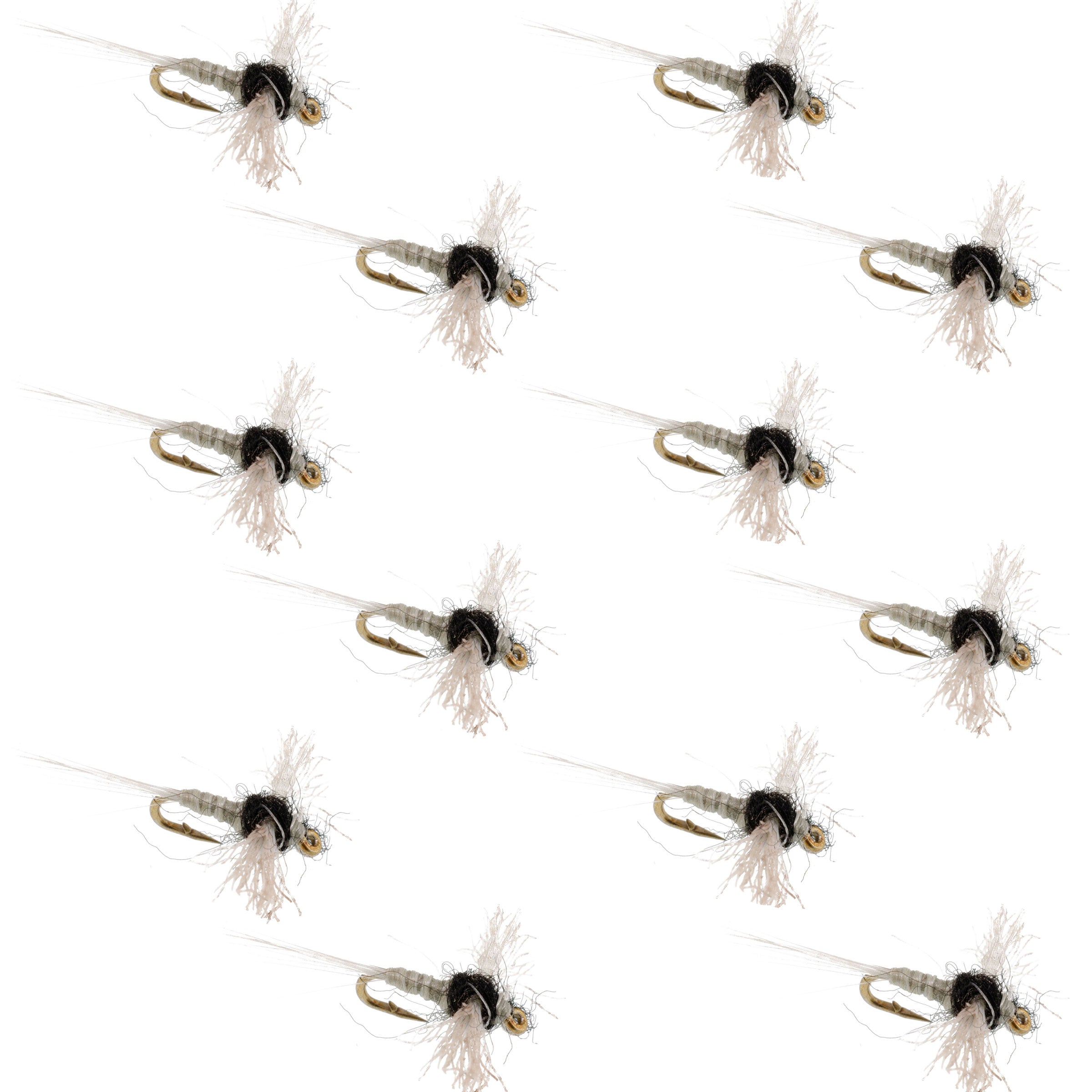 Multiple fishing flies arranged in a grid on a white background