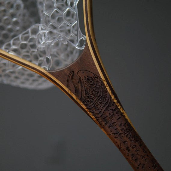 Fat Jake 16"x12" - Brown Trout Engraved - Natural Fly Fishing Traditional Landing Net - Handcrafted & Made in USA