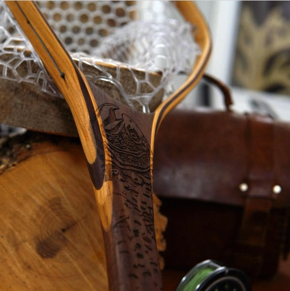 Little Dipper 12"x8" - Brown Trout Engraved - Natural Fly Fishing Traditional Landing Net - Handcrafted & Made in USA
