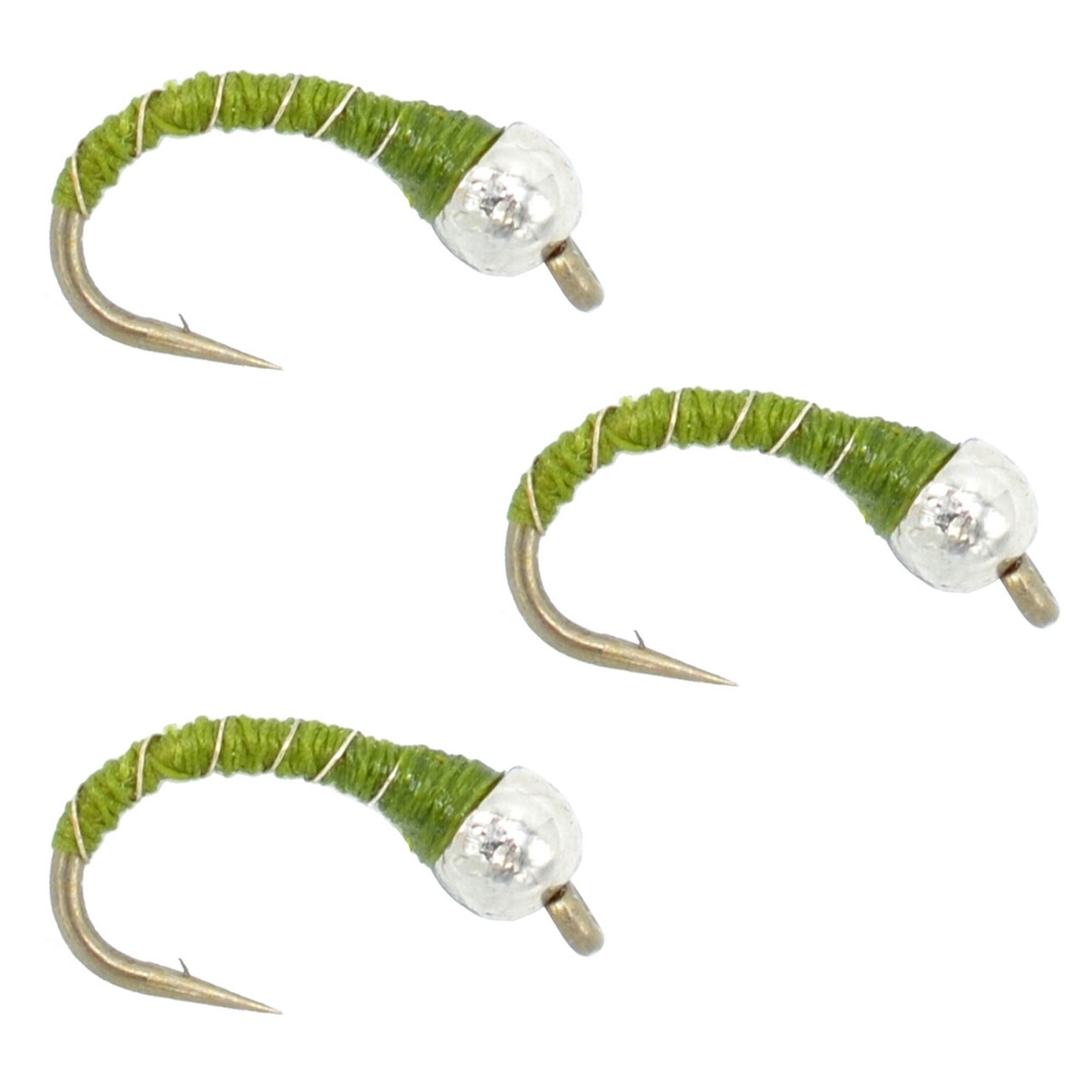 Paquete de 3 anzuelos para pesca con mosca, cabeza de cuentas, color oliva, cebra, Midge, agua quieta, ninfa, tamaño 16