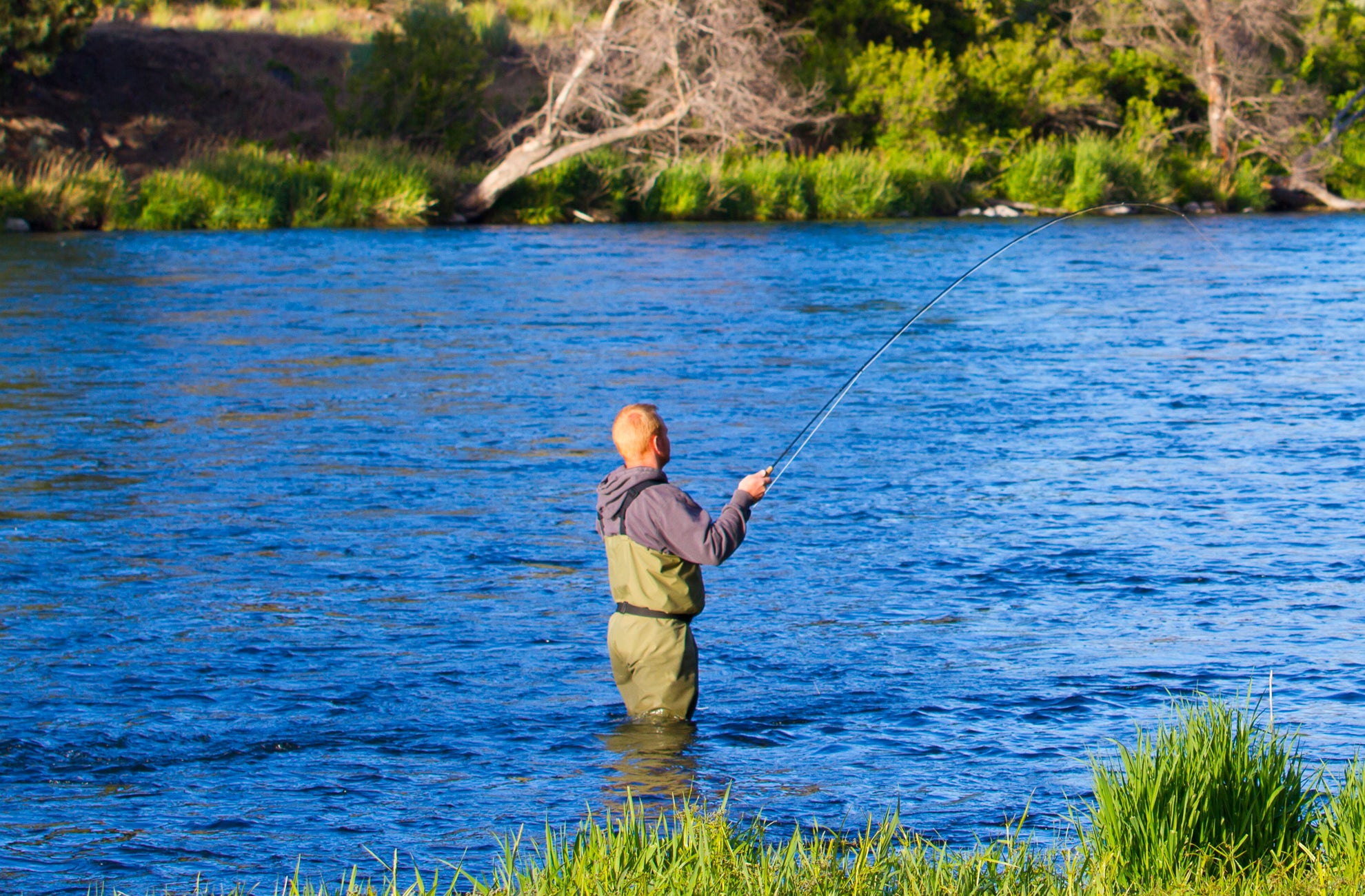 Fisherman casting a line in a river while using Long Tail Skwala Stone Fly Dry Trout Flies - Adult Squalla Stonefly Dry Fly - 6 Flies Hook Size 10
