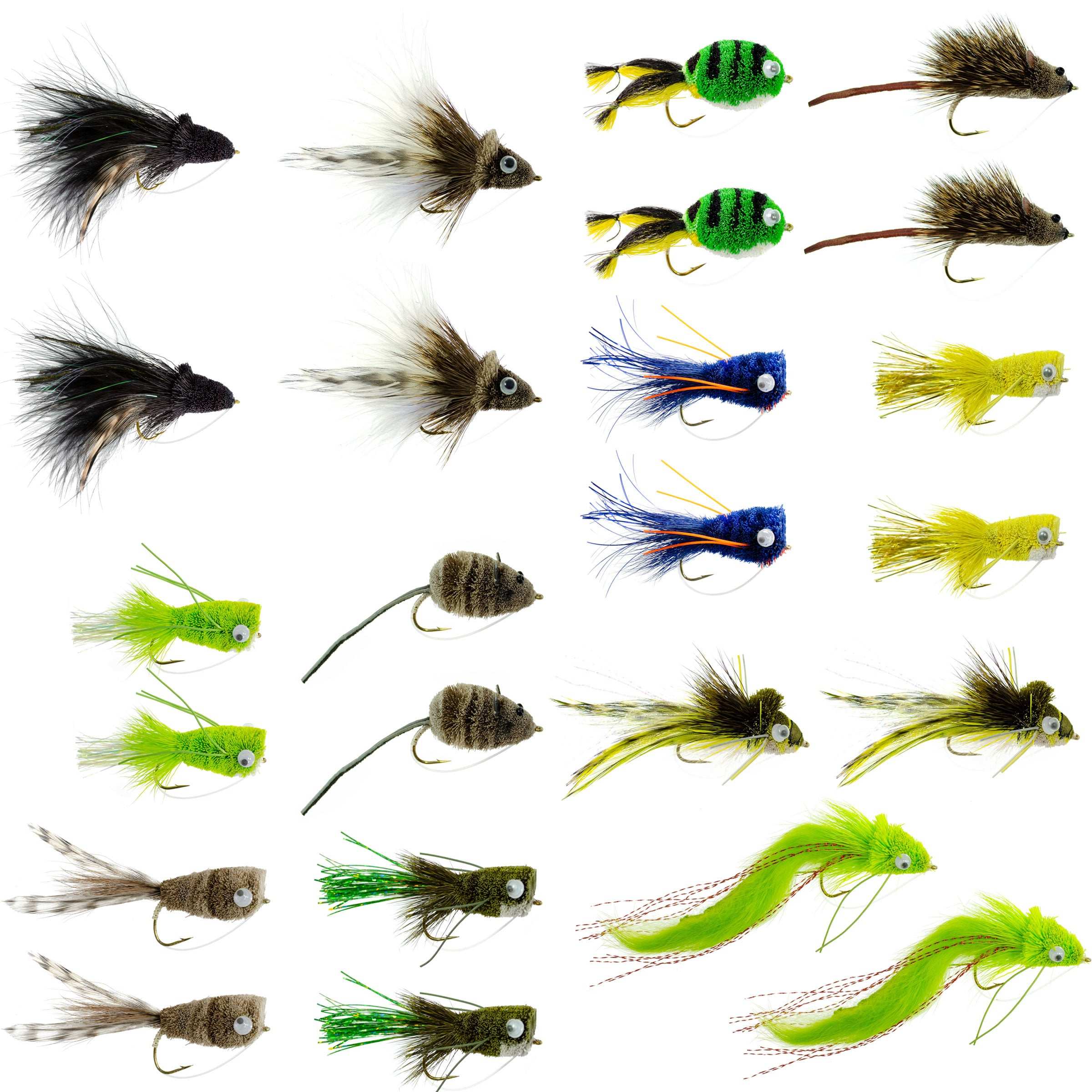 Bass Bug Collection Set of 24 Fly Fishing Flies including Surface Poppers and Divers in Various Colors and Sizes